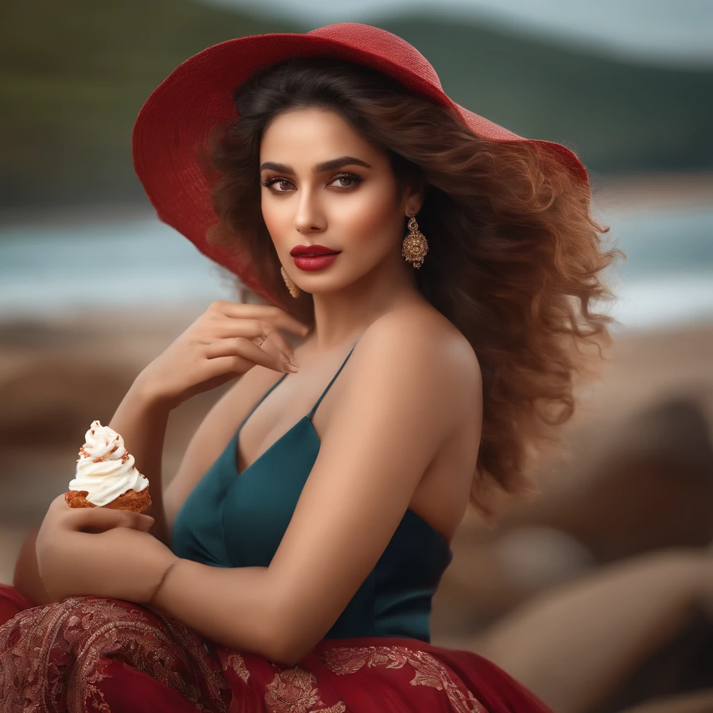 best quality,4k,8k,highres,masterpiece:1.2),ultra-detailed,(realistic,photorealistic,photo-realistic:1.37), age 22 lady , red hand beg,beautiful detailed eyes,beautiful detailed lips,extremely detailed face,long eyelashes,instream influencer,makeover inspiration, Sea side,bollywood actress-like beauty,portraits, REd colors,warm color tone,soft lighting , eating Ice-cream,