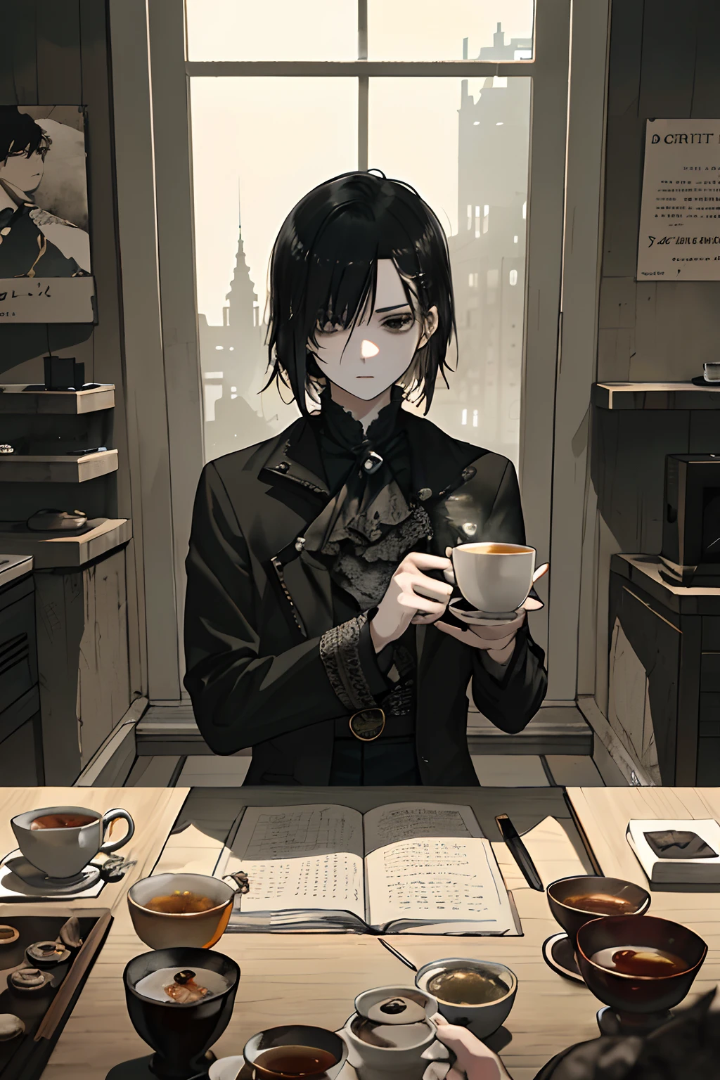 ((((Dramatic))), (((grittiness))), (((Intense))) The movie poster centers on a young writer。。。。。。。。。。。。。。(tmasterpiece:1.2),best qualtiy,(tmasterpiece:1.2),best qualtiy,realisticlying,tearoom,tea ceremony,Black hair and black eyes,Tea,Tea,self-assured,ellegance,Quiet