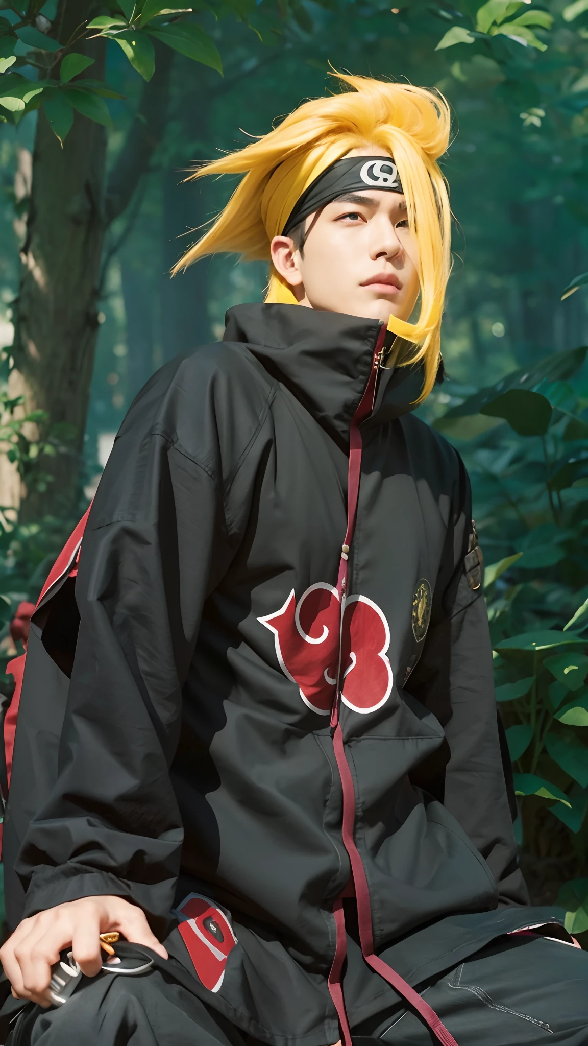 Real life adaption of this character,adult handsome man, realistic same outfit with Akatsuki logo, realistic yellow hair, realistic same necklace, realistic headband, realistic light, realistic shadow, realism, hyper realistic,(photorealistic:1.2), looking to viewer