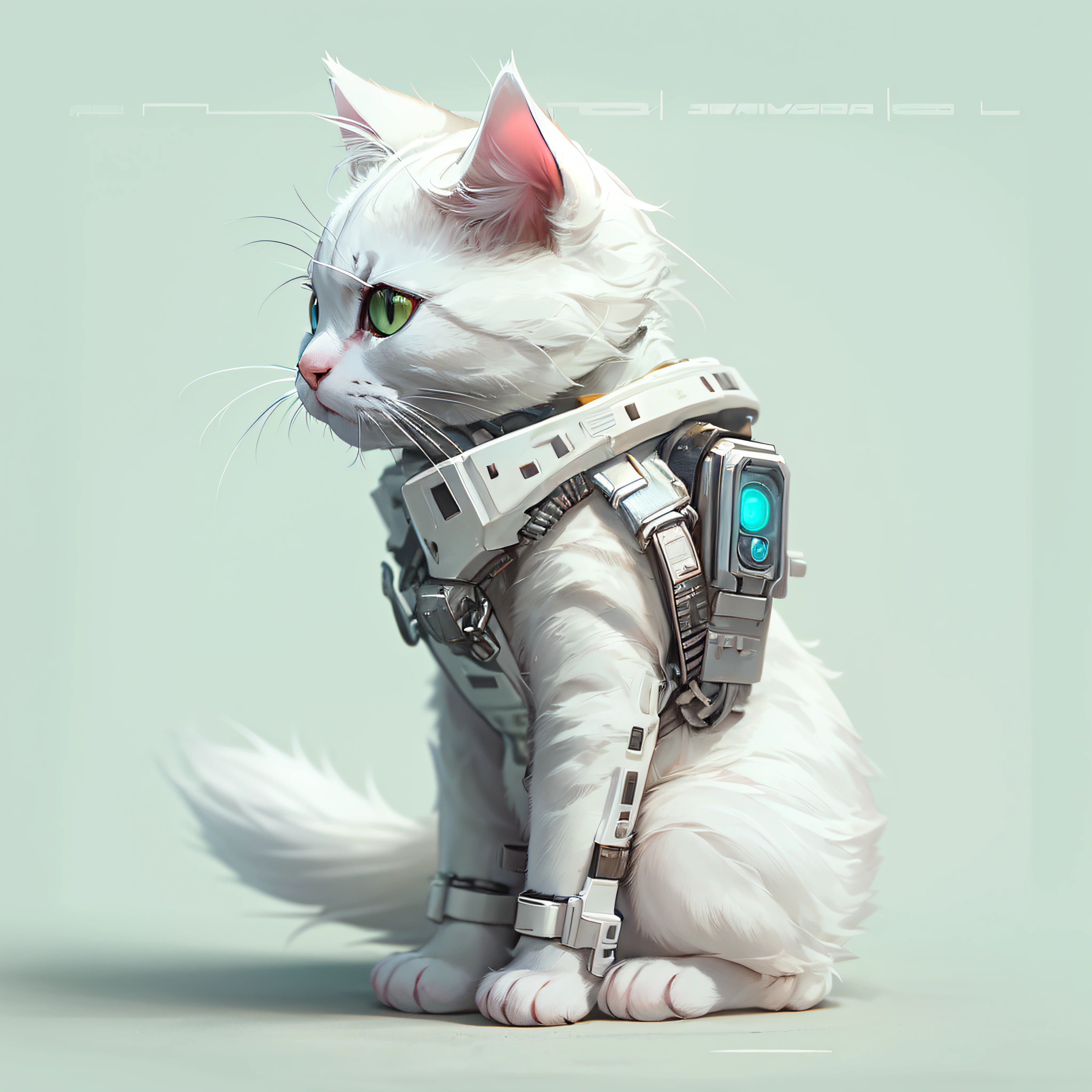 (cute white cat: 1.5), standing, cute, wearing a cyberpunk costume, from side,