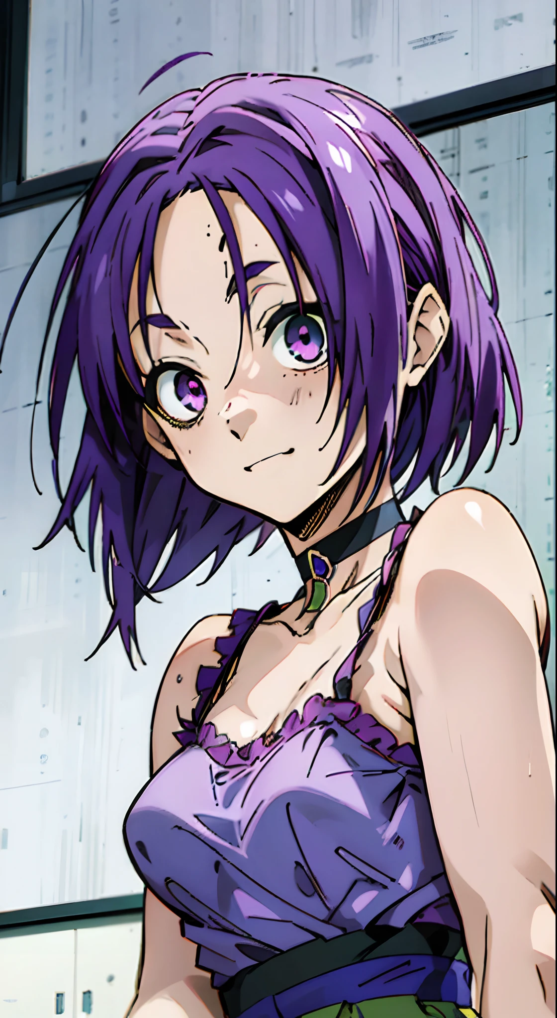 Masterpiece, Best quality, Ultra-detailed, Off-the-shoulder attire, Colorful,take up close, Hyper-detailing，purple color hair, reo mikage, bluelock, no sleeves, camisole, blue camisole, cheongsam, frilly camisole, underwear, choker, arm covers, sexy breasts, scar, big breasts, 1girl, Solo, sharpy face, heterochromia, green eyes, purple eyes, Bare neck, happiness face