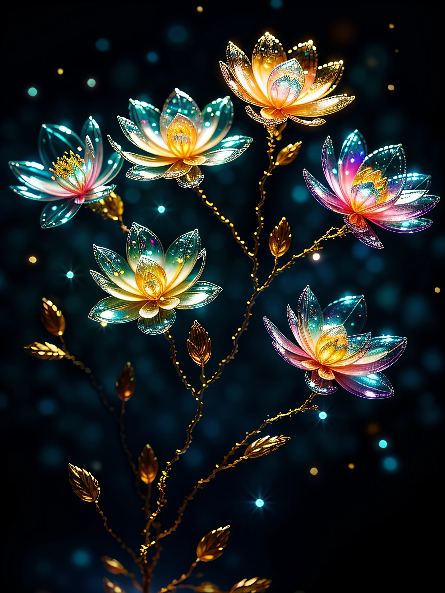 branch of delicate Crystal flowers, super transparent, holy light, beautiful spectral light, petals glow, flashing, dark background, drops of transparent light, reflective light, bright, light streaming in, optics, portrait profile, sharp focus, magical, intricate, ultra realistic, fantasy, composition, light, trend on artstation, pearl, patronus cloud of silvery vapor, corrosive enveloping ray family, 8k, ureal ar 23v4 uplight