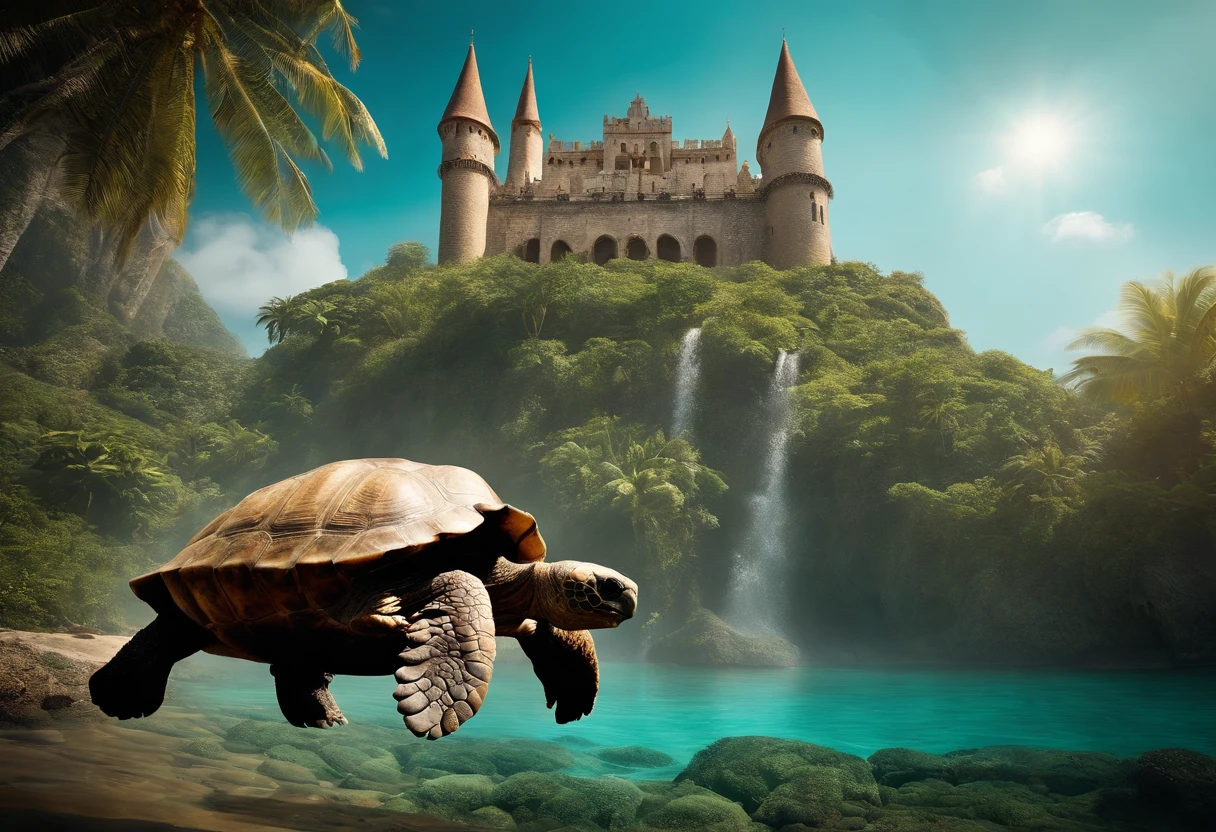 Photograph huge moving structures, Perched on the back of a majestic giant tortoise, Move slowly through the sparkling turquoise sea. The structure resembles a magnificent castle, Furnished with soaring spires and intricate balconies. The shell adorns lush gardens and cascading waterfalls, Create breathtaking sights. This wide-angle lens captures the surreal beauty of the scene, The castle blends seamlessly with its natural companion. photore, With its bright colors and dreamy composition, Transports the viewer to a world full of boundless imagination