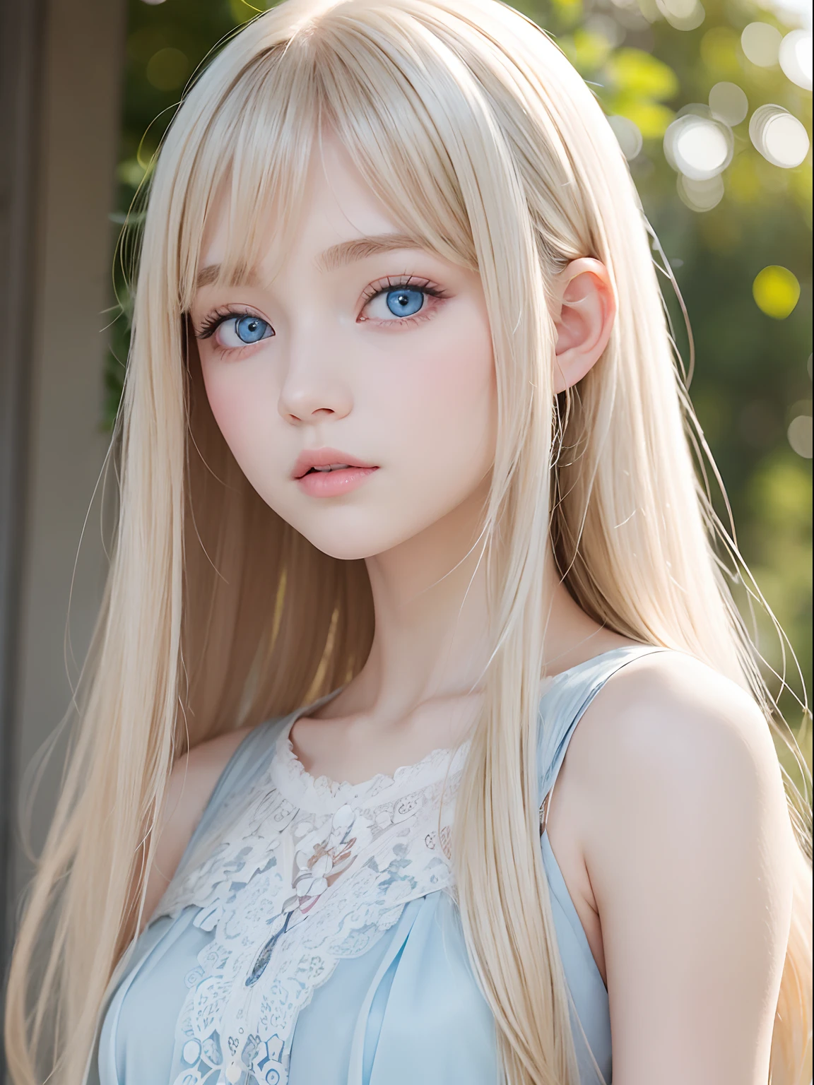 Extremely beautiful face、long bangs fluttering in front of the face、Beautiful pale light blue eyes hidden in the hair、Very cute beautiful face with very shiny skin、Pure white beautiful skin、very beautiful pale light blue eyes,,,,,,,,,、Beautiful very long shiny silky pale golden shiny blonde hair、Cute very beautiful woman、Round face、