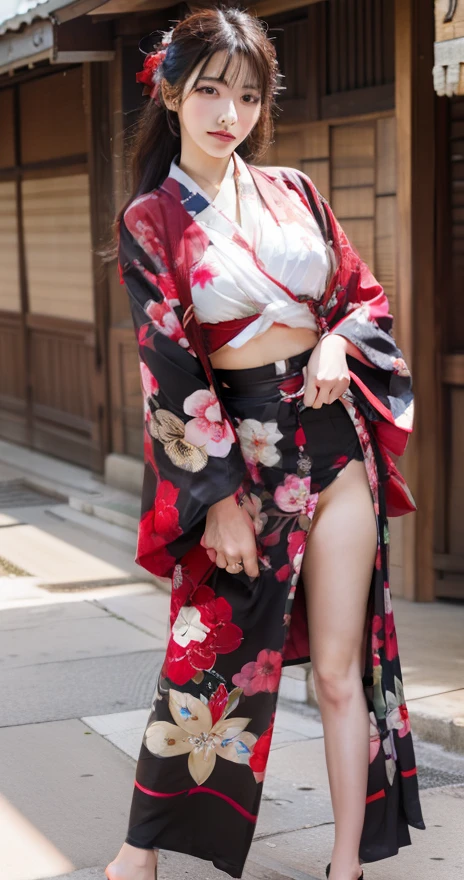 infp young woman、large full breasts、beautiful foot、Colorful hair、、Good Style、Red and white kimono、Skirt with slit、