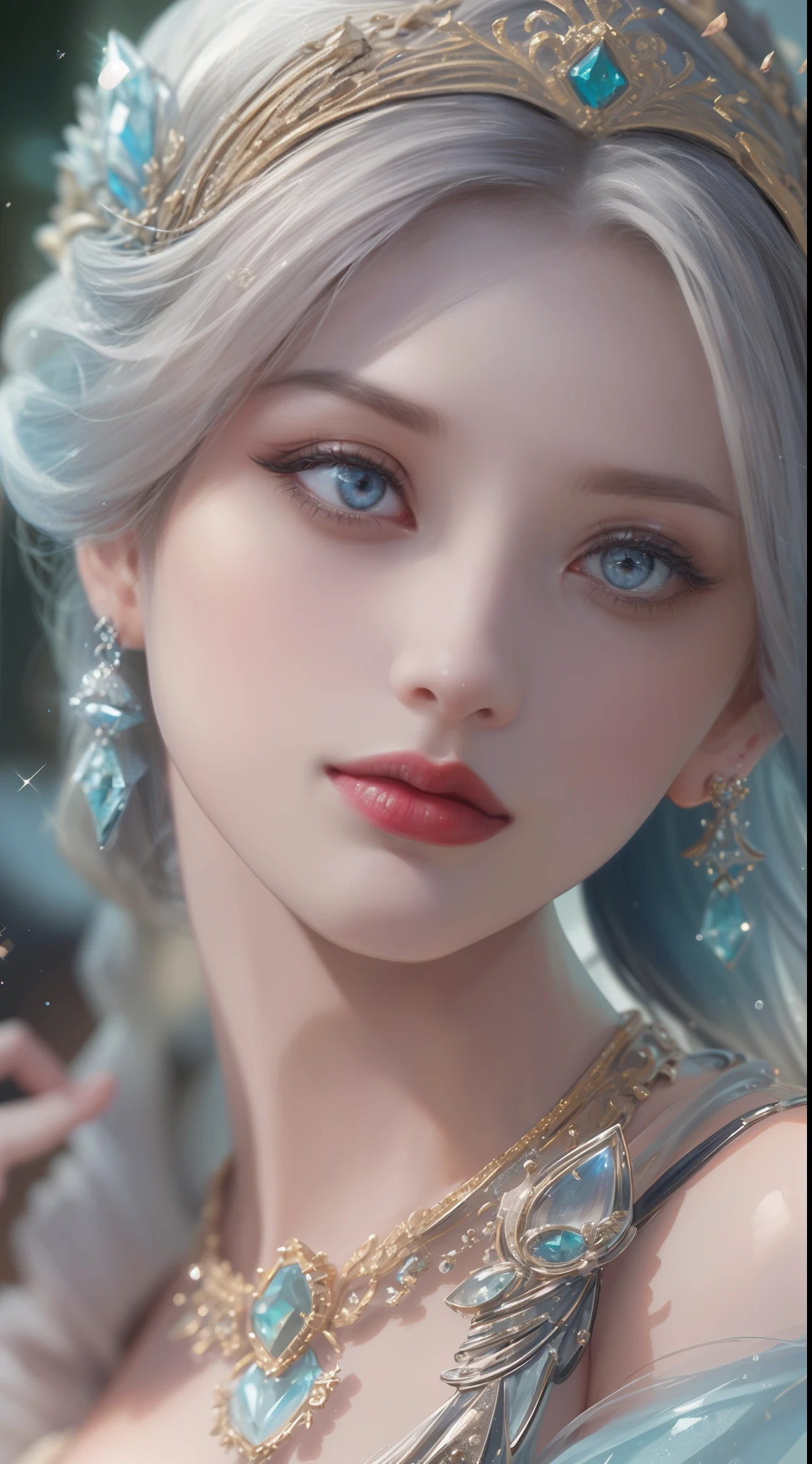 tmasterpiece, Highest high resolution,High-quality content, 8K quality photos with excellent detail, Perfect for presenting dynamic busts of noble maidens, Delicate curves, Bend hair to create gorgeous and intricate fabric textures, Plain purple eyes, Delicate floral decoration, Sparkling crystal jewelry, Mysterious and dreamy atmosphere,Highly focused and subtle details,upscaled。