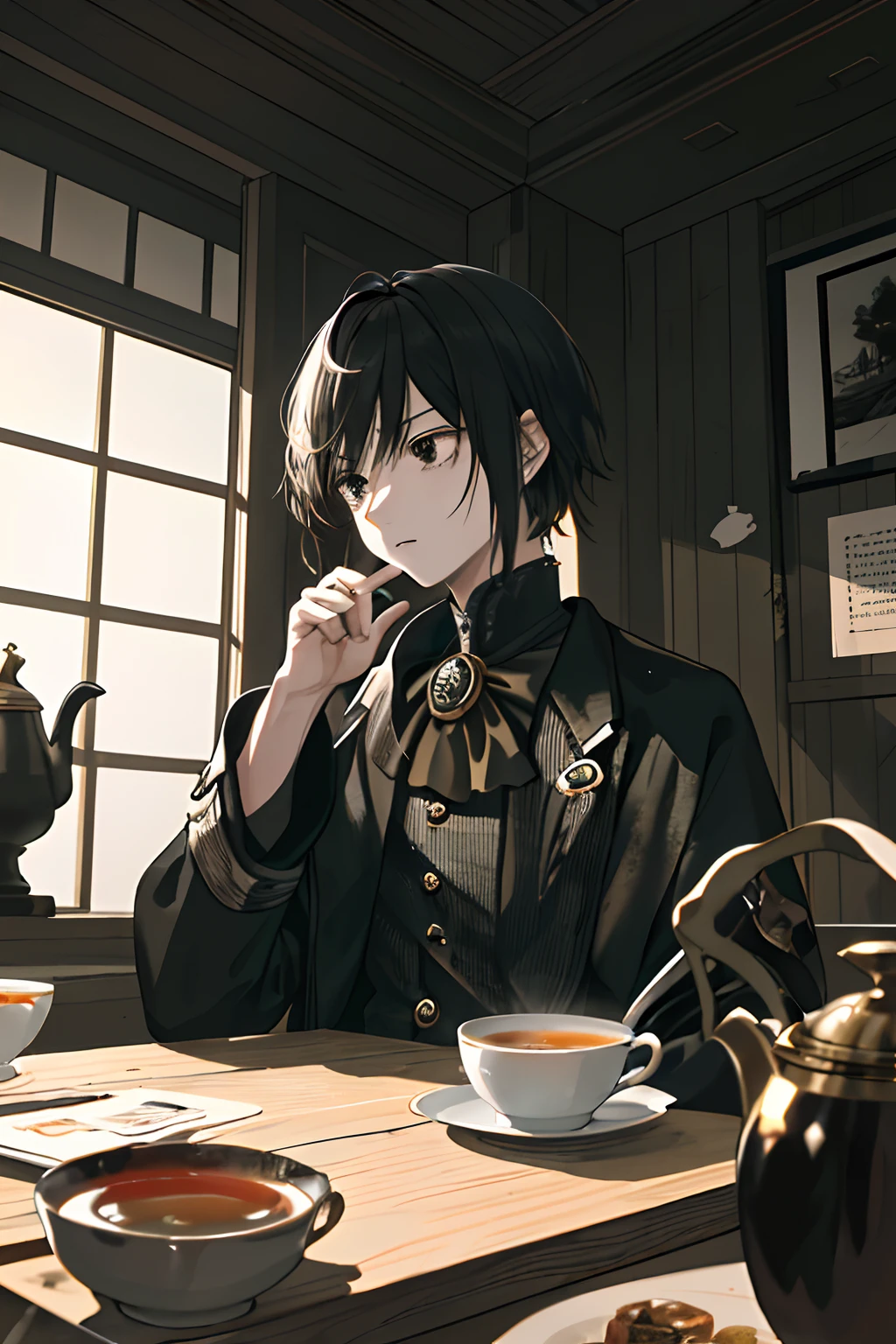 ((((Dramatic))), (((grittiness))), (((Intense))) The movie poster centers on a young writer。。。。。。。。。。。。。(tmasterpiece:1.2),best qualtiy,(tmasterpiece:1.2),best qualtiy,realisticlying,tearoom,tea ceremony,Black hair and black eyes,Tea,Tea,self-assured,ellegance,Quiet