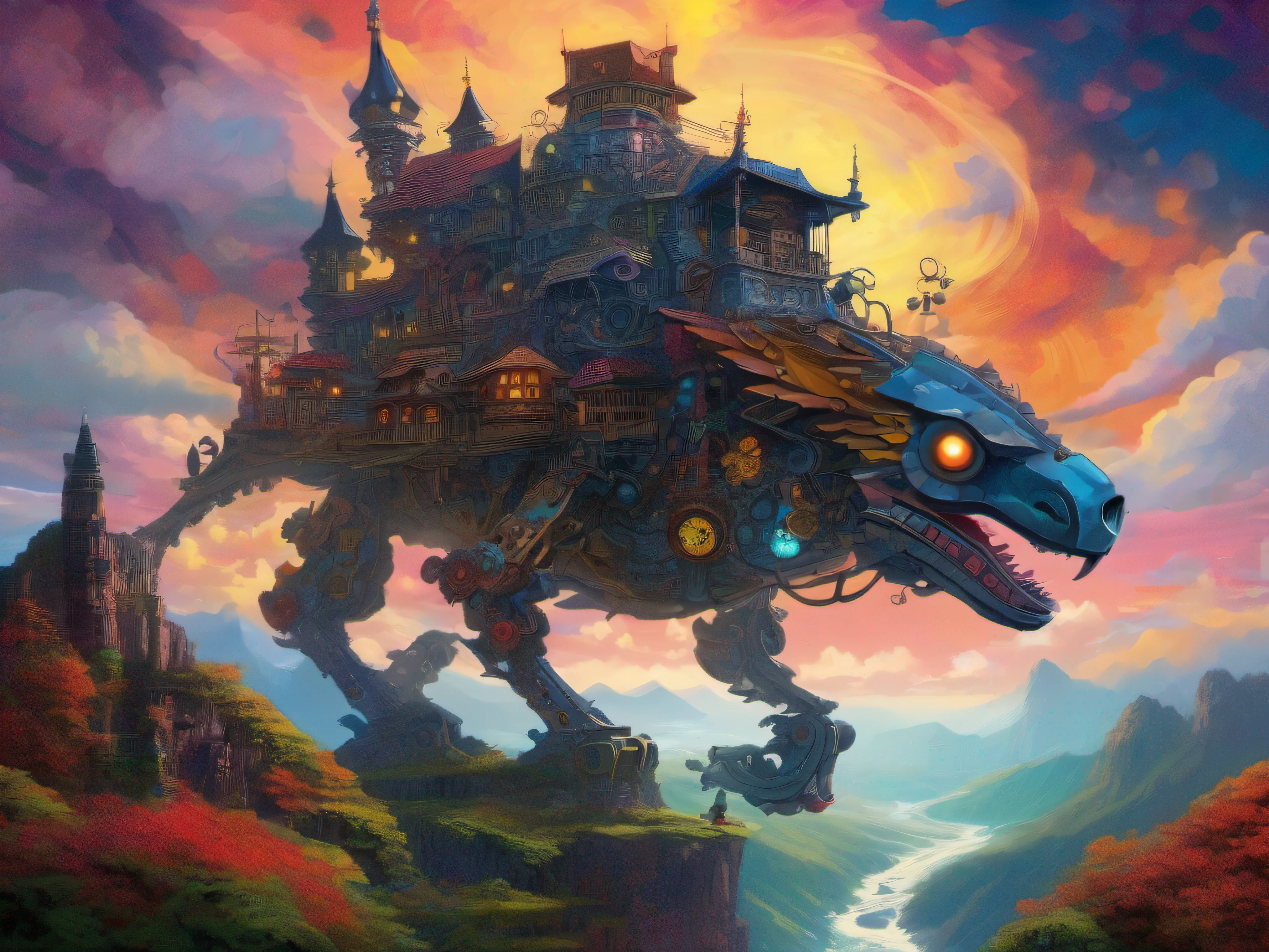 biomechanical moving castle creature, inspired by Miyazaki's "Howl's Moving Castle", with intricate clockwork mechanisms, surrounded by a vibrant, fantastical landscape.