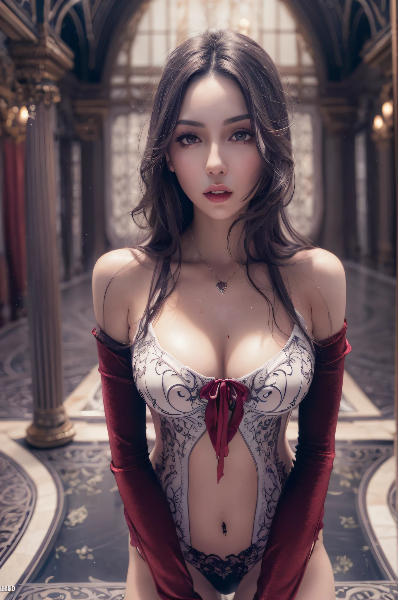 looking at yourself, pov, point of view, shaved, legs spread, breasts, perfect skin, wet skin, smooth skin, european woman, slim, slender, high definition, 4k, vampire, cosplay