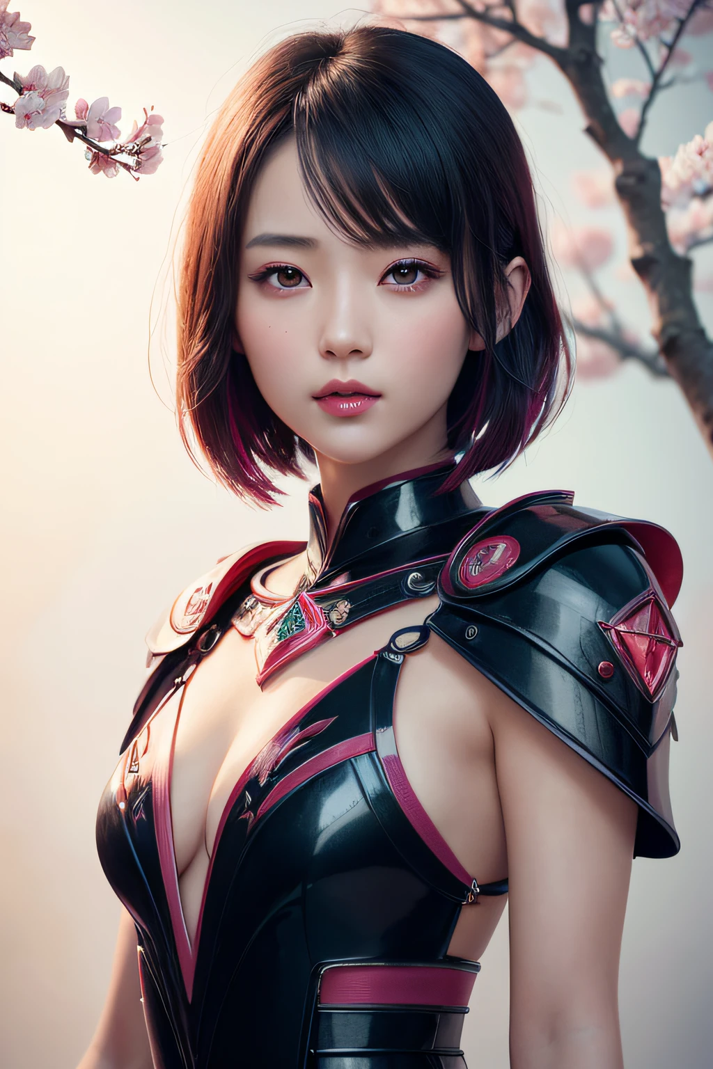 beautiful japanese young woman, wearing ninja armor made of diamond and sapphire, thick symmetrical features, very short hair, background is cherry blossoms, pink aura, red lips, octane render,