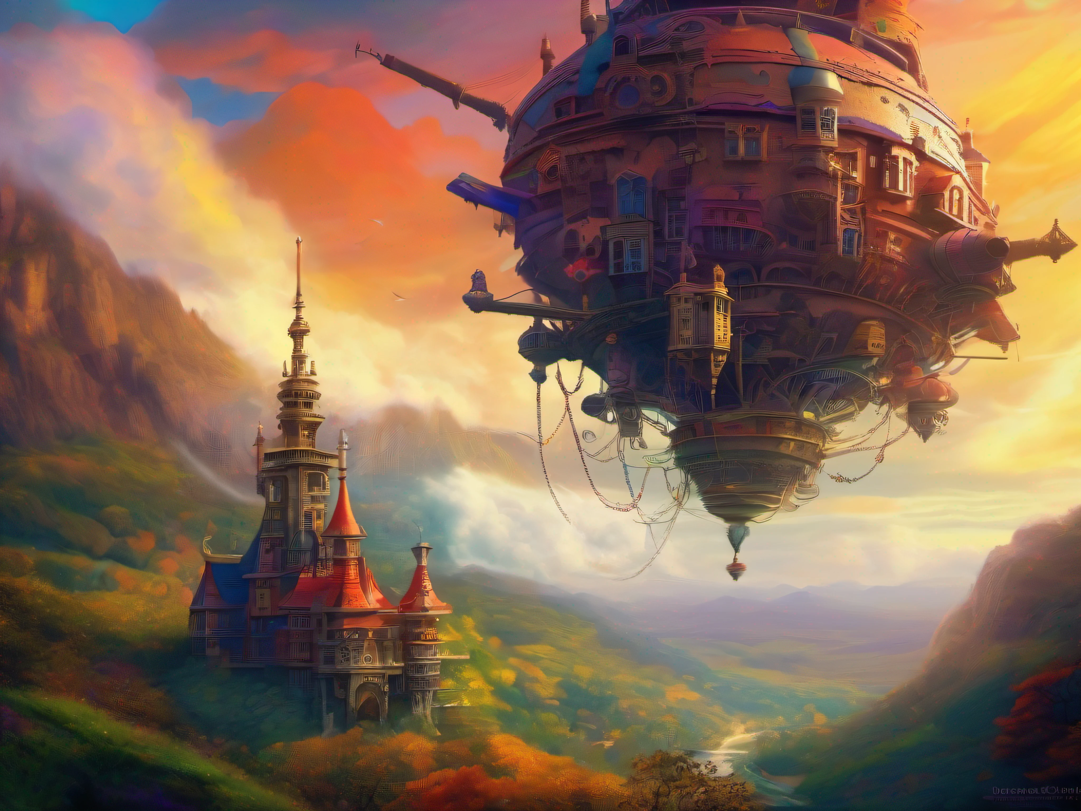 biomechanical moving castle creature, inspired by Miyazaki's "Howl's Moving Castle", with intricate clockwork mechanisms, surrounded by a vibrant, fantastical landscape.