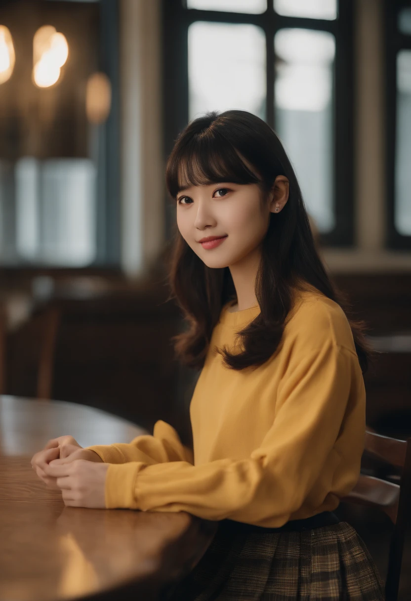 top-quality, Photorealsitic, ​masterpiece, 8K, Hi-Res, 独奏, 1girl, (((infp young woman))),sixteen years old、full bodyesbian、(small tits), ((Look at viewers)), (look at a camera), ((Various hairstyles close to long)）、Perfect straight black hair、((With bangs))、 (profetional lighting), Highly detailed bright face、Gentle Japan girl、Nice smiling face、Yellow T-shirt（long-sleeve）、Checked pleated skirt、Standing in the room