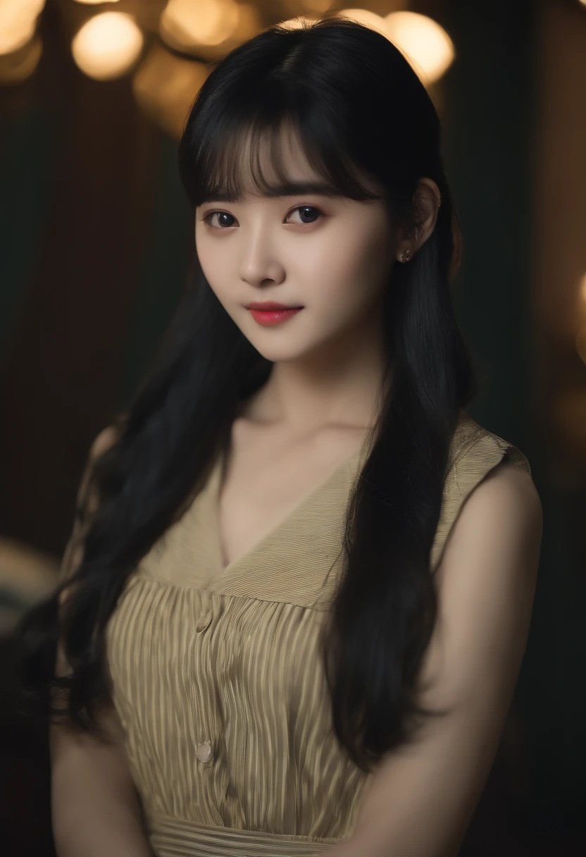 top-quality, Photorealsitic, masterpiece, 8K, Hi-Res, 独奏, 1girl, (((infp young woman))),sixteen years old、full bodyesbian、(small tits), ((Look at viewers)), (look at a camera), ((Various hairstyles close to long))、Perfect straight black hair、((With bangs))、 (profetional lighting), Highly detailed bright face、Gentle Japan girl、Nice smiling face、Yellow T-shirt(long-sleeve)、Checked pleated skirt、Standing in the room