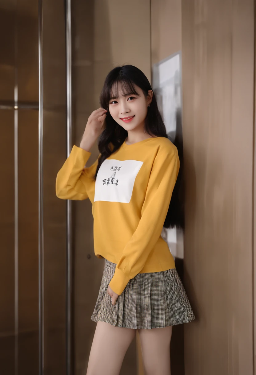 top-quality, Photorealsitic, masterpiece, 8K, Hi-Res, 独奏, 1girl, (((infp young woman))),sixteen years old、full bodyesbian、(small tits), ((Look at viewers)), (look at a camera), ((Various hairstyles close to long))、Perfect straight black hair、((With bangs))、 (profetional lighting), Highly detailed bright face、Gentle Japan girl、Nice smiling face、Yellow T-shirt(long-sleeve)、Checked pleated skirt、Standing in the room