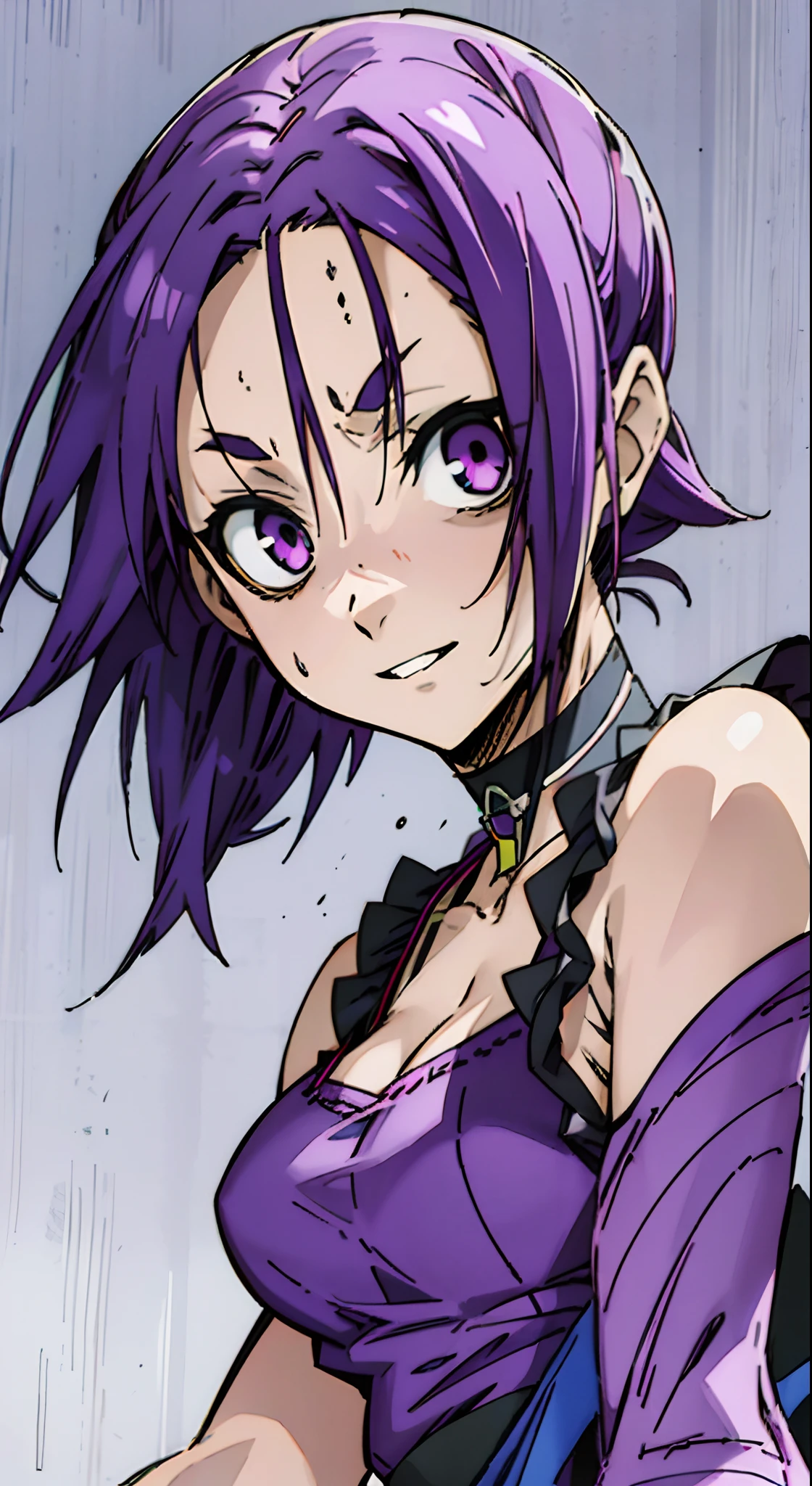 masutepiece, Best Quality, Ultra-detailed, Off-the-shoulder clothing, Colorful,Up-close, Hyper-detailing,purple color hair, Reo Mikage, Blue Lock, no sleeves, Camisole, Blue Camisole, Cheongsam, frilled camisole, Underwear, Choker, Arm Cover, Sexy breasts, Scar, Big breasts, 1girl in, Solo, Sharp face, Heterochromia, Green eyes, Purple eyes, Bare neck, Happy face