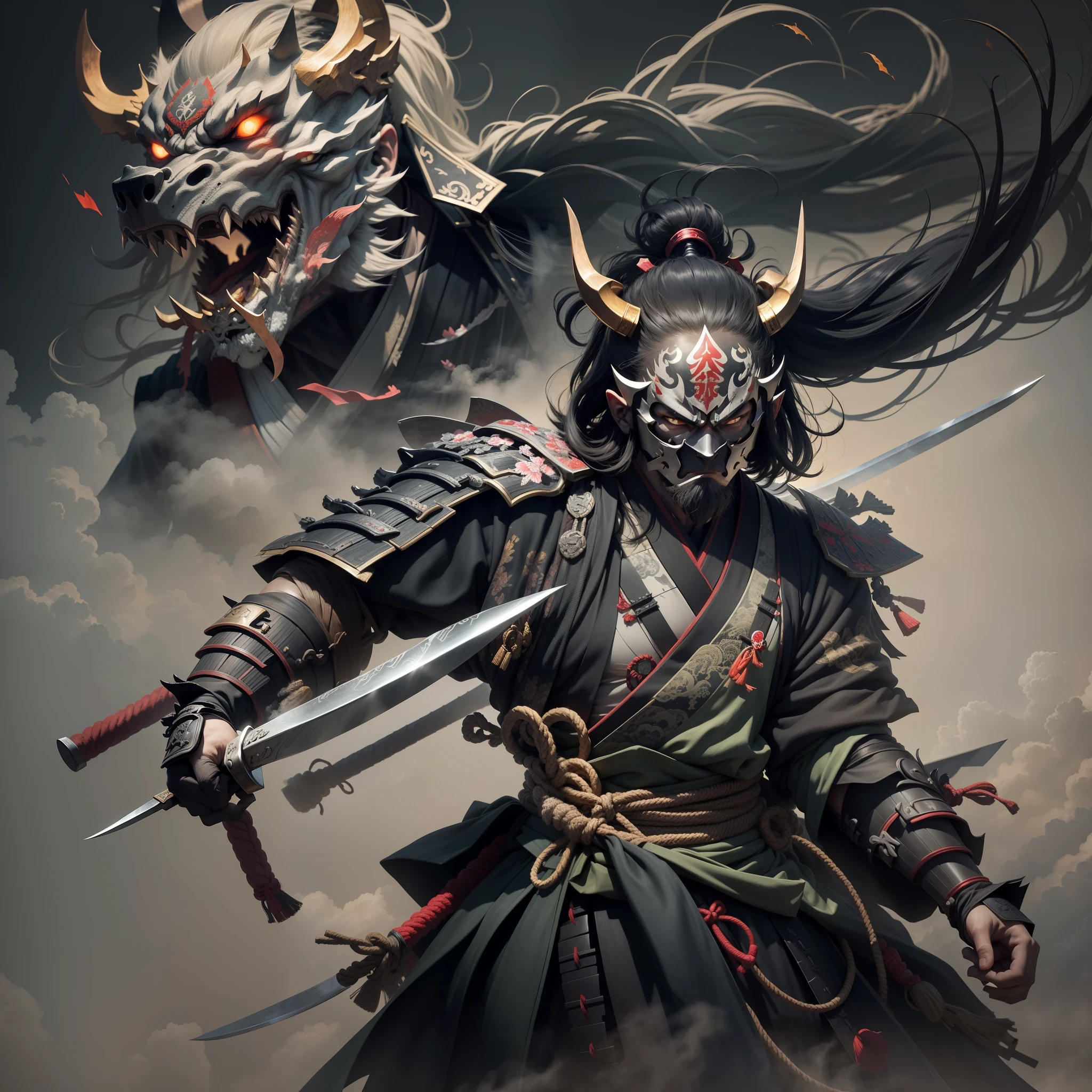 （They are samurai），（Wearing a demon mask），Solo，Upper body ，（long armament, sharp knife），magnificent artwork，（（Kyoto panel painting style）），Wind-effect：1.9，Cloud Effect：1.2，Full Rendering，Caustic soda coating