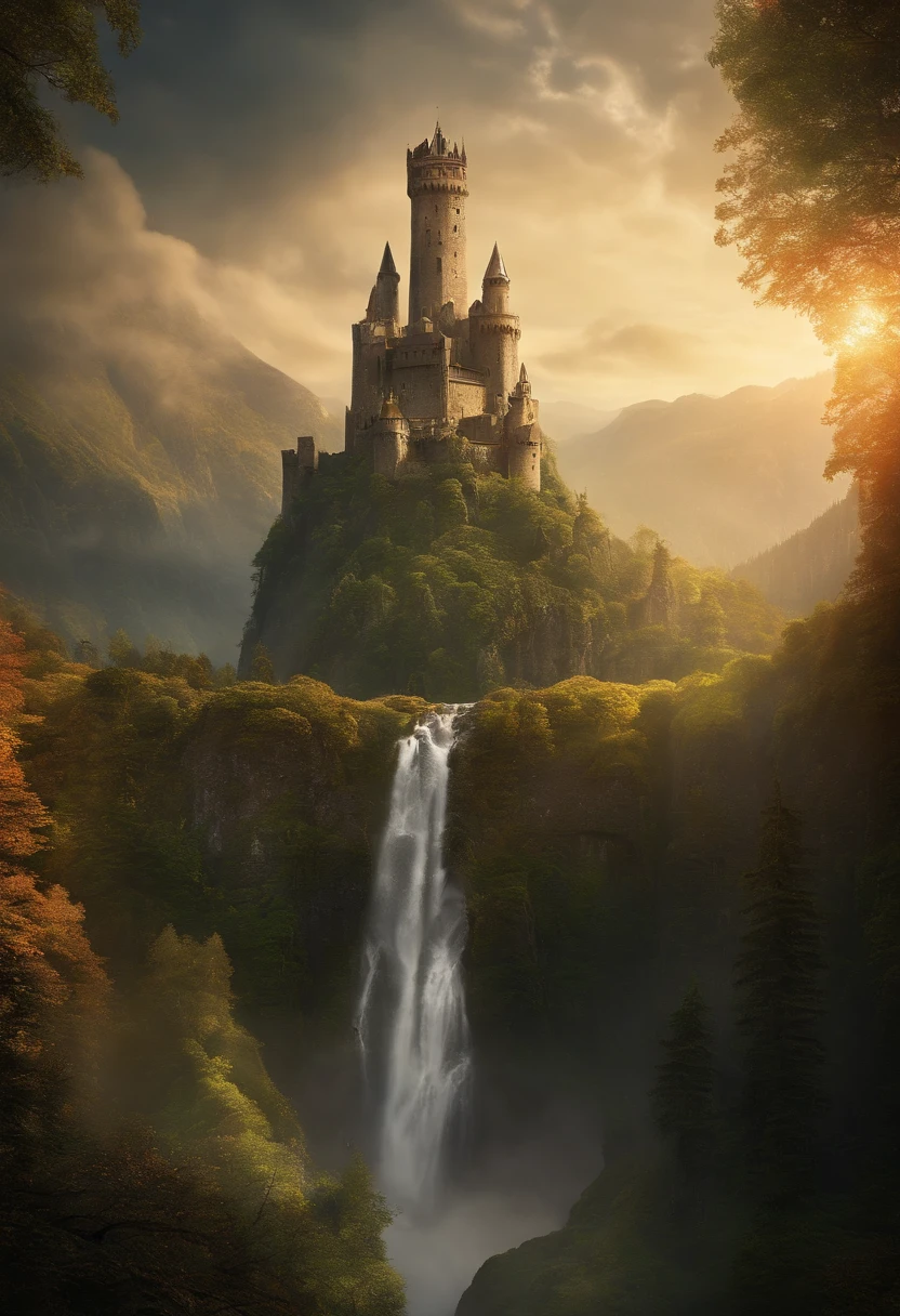 a towering mobile giant, striding through a mythical landscape, carrying an entire castle on its broad shoulders. The giant's weathered skin is covered in moss and ancient runes, giving it an ancient and mystical appearance. The castle atop the giant is a masterpiece of architecture, with soaring towers and intricate carvings. The landscape is filled with towering mountains and cascading waterfalls, adding to the grandeur of the scene. This low-angle shot captures the immense scale of the giant and the castle, evoking a sense of awe and wonder. The photograph, with its dramatic lighting and epic composition, transports the viewer to a realm of limitless imagination