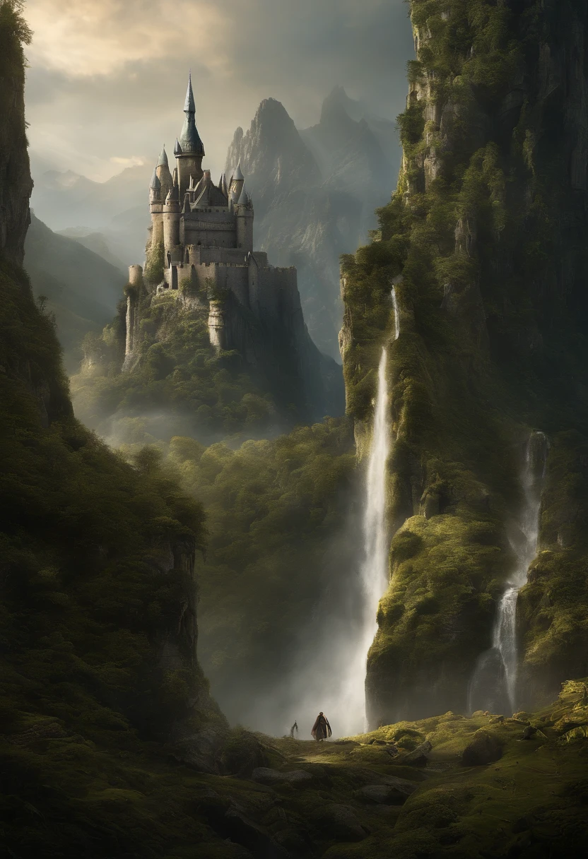 a towering mobile giant, striding through a mythical landscape, carrying an entire castle on its broad shoulders. The giant's weathered skin is covered in moss and ancient runes, giving it an ancient and mystical appearance. The castle atop the giant is a masterpiece of architecture, with soaring towers and intricate carvings. The landscape is filled with towering mountains and cascading waterfalls, adding to the grandeur of the scene. This low-angle shot captures the immense scale of the giant and the castle, evoking a sense of awe and wonder. The photograph, with its dramatic lighting and epic composition, transports the viewer to a realm of limitless imagination