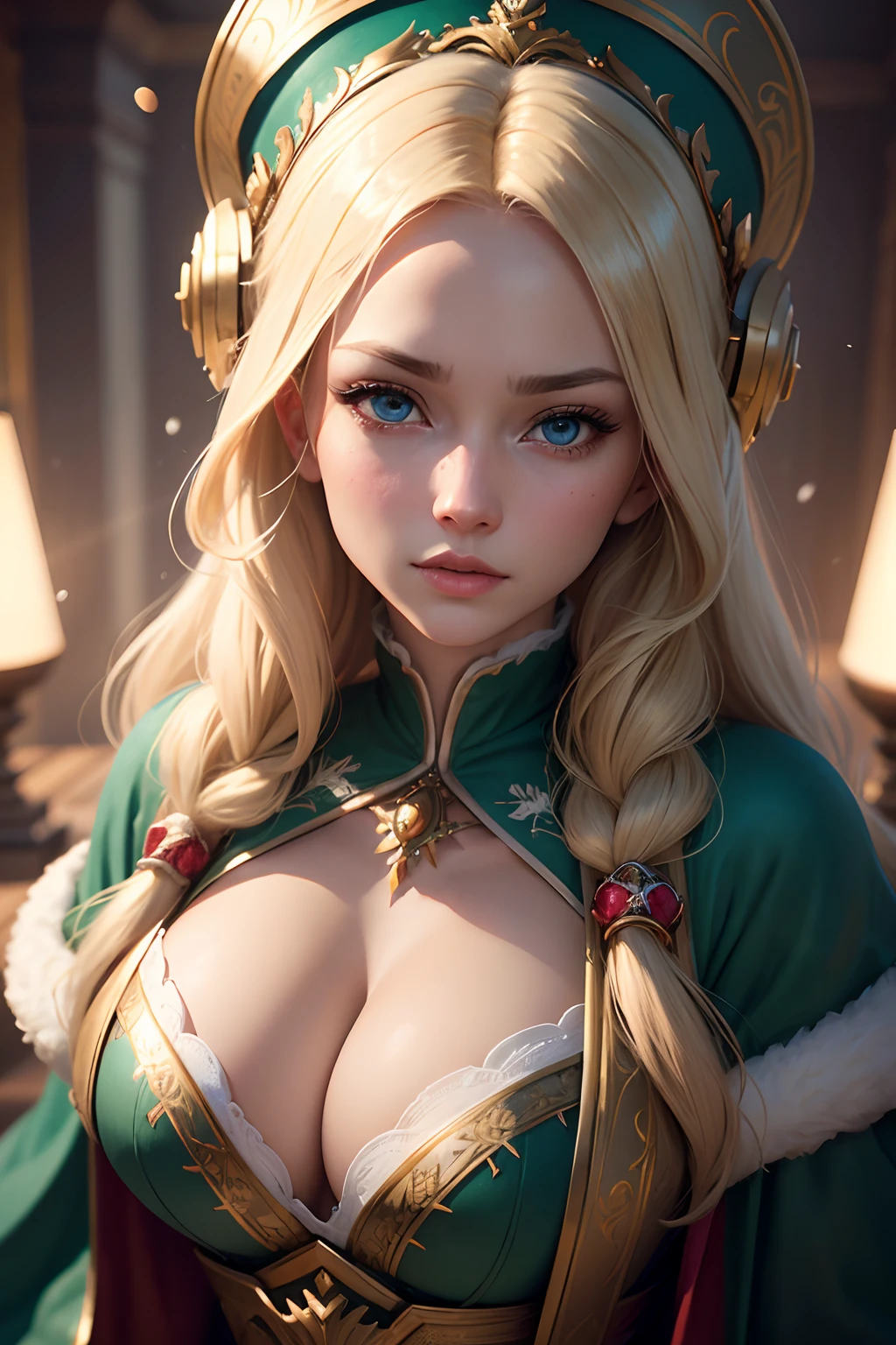 a beautiful empress portrait, Blonde hair, Perfect blue eyes, with a brilliant, impossible striking big Christmas headpiece, clothes Santa robes, everything Christmas, Snow, Symmetrical, dramatic studio lighting, Rococo, baroque, green color, Asian, hyper photorealism, closeup cleavage, D&D, fantasy, Intricate, elegant, Highly detailed, Digital painting, art  stations, rendering by octane, 8K, concept-art, Mattire, Sharp focus