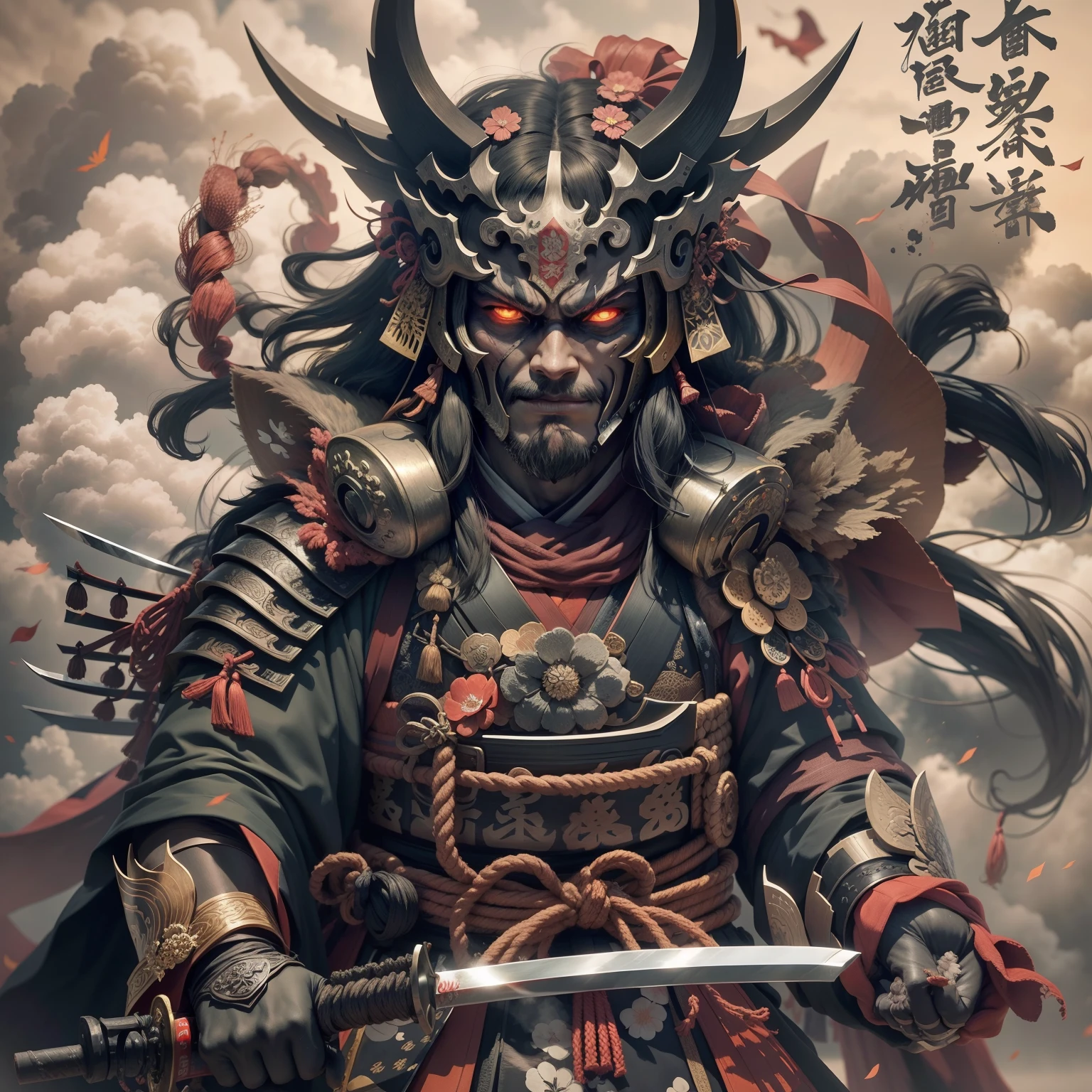(They are samurai),(Wearing a demon mask),Solo,upper body ,(long armament, sharp knife),magnificent artwork,((Kyoto panel painting style)),Wind-effect:1.9,Cloud Effect:1.2,Full Rendering,Caustic soda coating