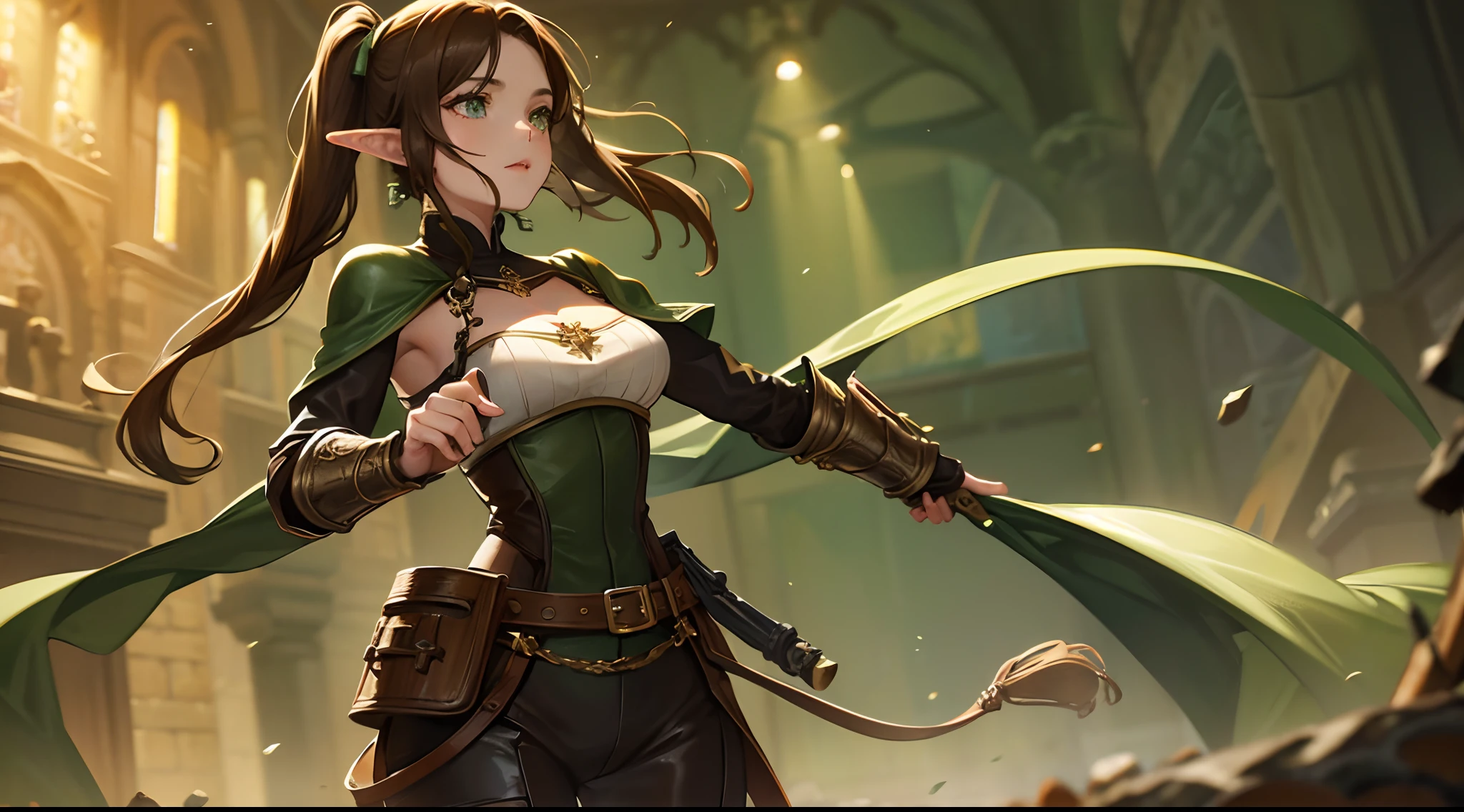 medieval setting,fullybody,1 woman, beautiful green eyes, elven facial features, brown hair, 2 pigtails, black leather pants, dark green tunic, brown leather armor, leather bracers