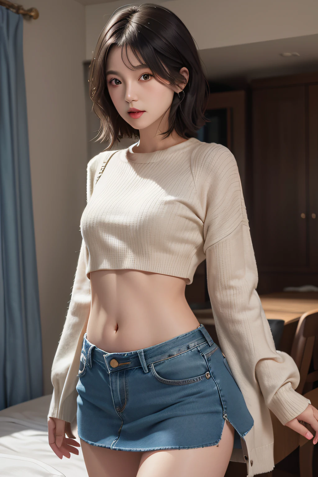 8k、masterpiece、RAW photo、highest quality、photorealistic、very detailedなCGの統一 8k壁紙、Depth of bounds written、cinematic light、Lens flare、ray tracing、(very beautiful face、beautiful lips、beautiful eyes)、face with intricate details、((super detailed skin))1girl、in the dark、deep shadow、pretty asian girl、1 girl、(very slimな細身のフィット筋肉質の体:1.3)、((look at the audience))、(big smile:1.3)、 (fashion city night、dark Knight、(neon sign)、(background blur)、street night)、(no people in the background:1.3)、beautiful earrings、bracelet、necklace、Wearing a beige bra、clear eyes、(pale skin)、(Big eyes)、face forward、((upper body shot))、(look at the audience:1.3)very slim、medium bust、(Super realistic、look at the viewer、Wearing beige panties、(High resolution)、(8K)、(very detailed)、(brown hair、short hair)、(red short sleeve sweater woman、 show me your belly button)、(slim body)、full body shot、perfect anatomy、Thin fabric panties、