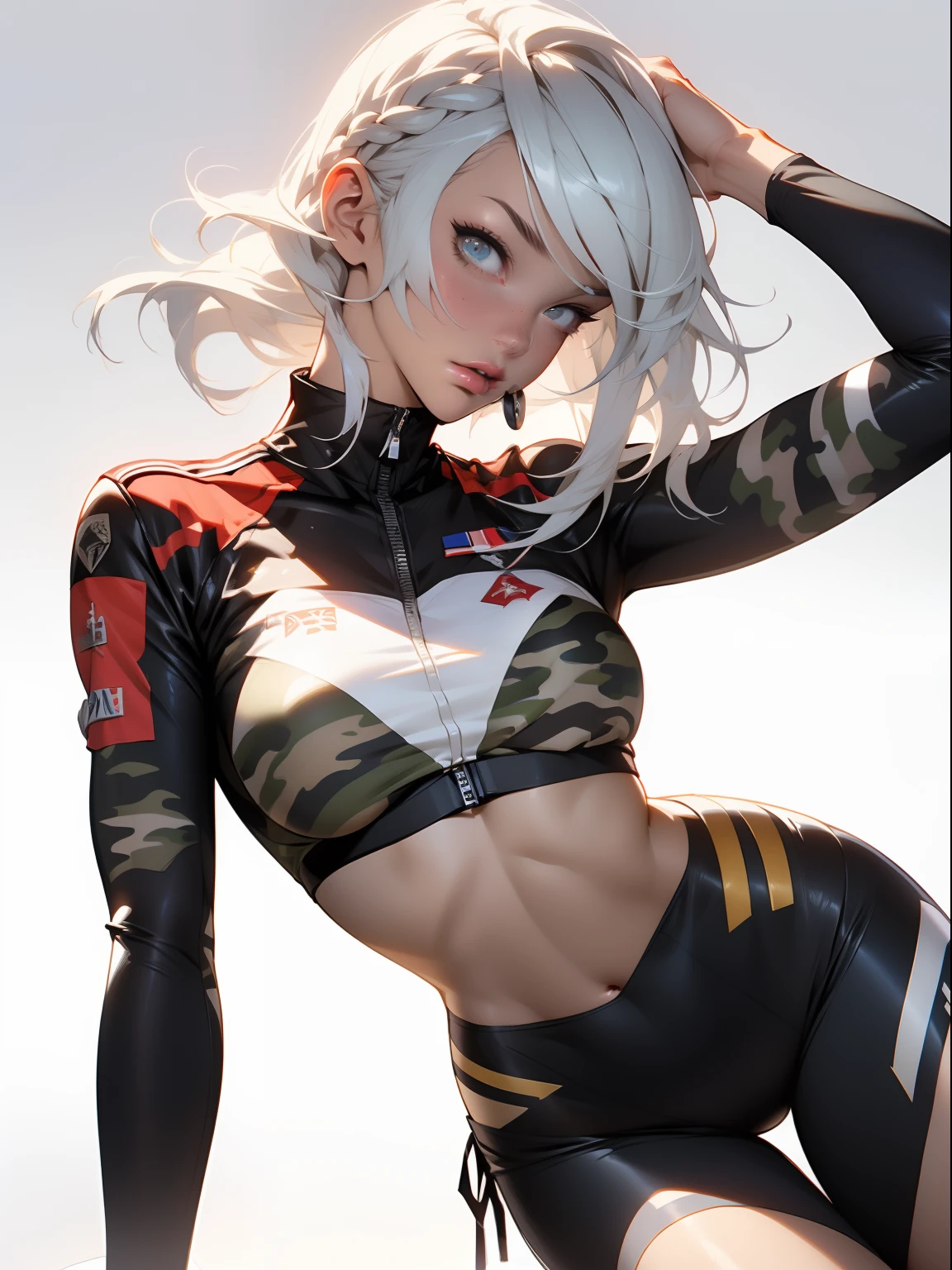 ((Best quality)), ((Masterpiece)), (Detailed: 1.4), (Absurde), A female fighter pilot ready for war in a military bikini, marin, dark skinned, Sculpted body defined, corps entier, Cuisses nues, mouth closed,  Cyberpunk, half-naked, generous neckline, ((Perfect huge breasts)), (Yeux bleu clair super clairs sans pupilles), (((Bikini camouflage militaire)),  (((cheveux blancs avec tresse)))), longs cils maquillage lourd, porte-jarretelles, jumeler beaucoup, niji --V5, close to real, psychopathe, visage parfait, sexy pose, Background with a giant Evangelion head, 2 piece clothes, cake, centered, scale to suit dimensions, Hdr (High Dynamic Range),Ray Tracing, NVIDIA RTX,Super-Resolution,Unreal 5,Dispersion souterraine, PBR Texture, Post-traitement, Filtrage anisotrope, profondeur de champ, Maximum Clarity and Sharpness, Textures multicouches, Albedo and specular maps, Ombrage de surface, Accurate Simulation of Light-Material Interaction, Proportions parfaites, Rendu octane, two tone lighting, Grande ouverture, ISO faible, Balance des blancs, Rule of Thirds, 8K RAW, Crysisnanosuit Bikini, thigh gap, belles hanches, Cowboy-shot