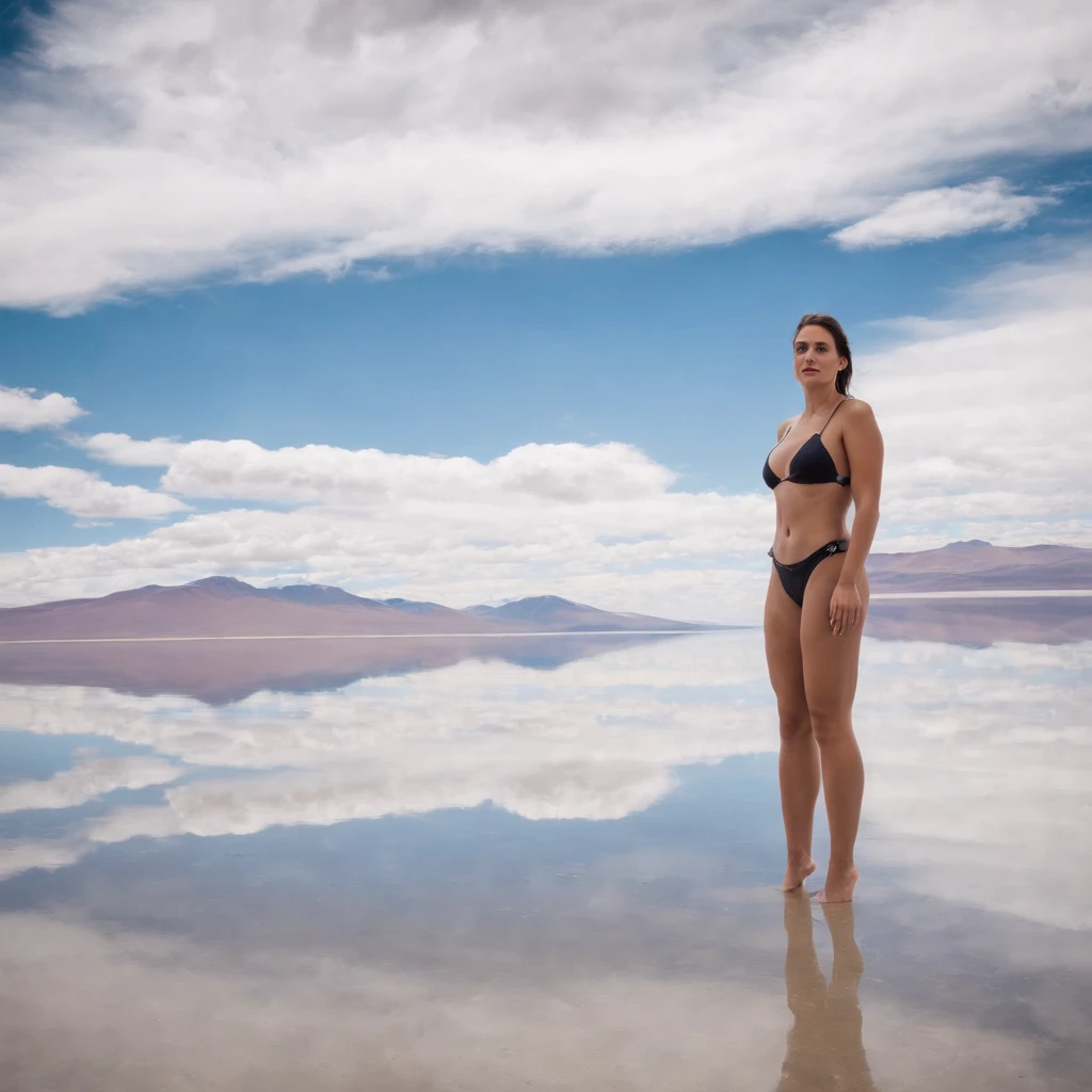 Large body of water with clouds in the sky, At Salar de Uyuni, Amazing reflections of the sky, Incredible reflections, beautiful reflection, stunning photo, epic and stunning, Crossing the Blue Horizon、Woman in swimsuit standing:1.9