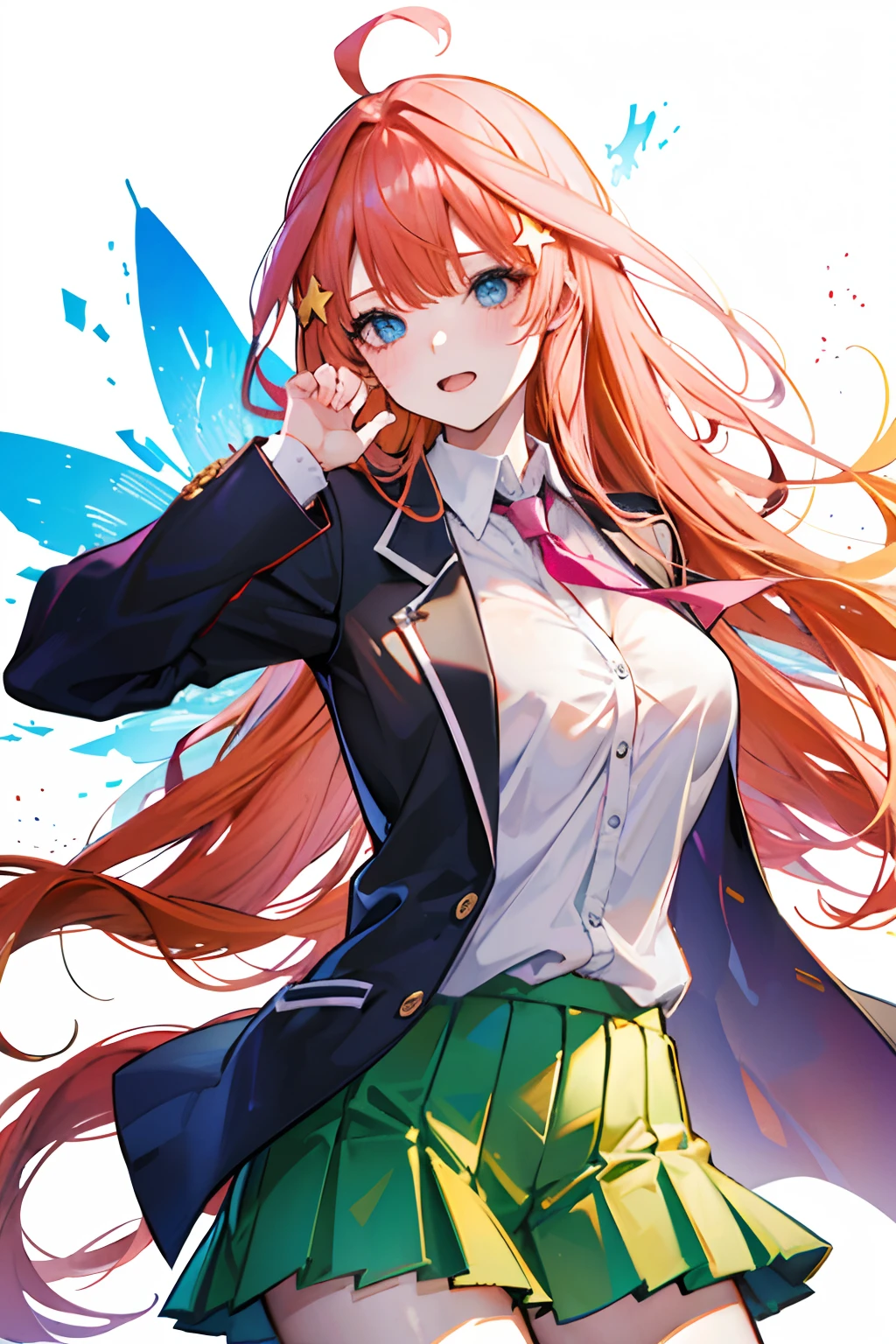 NSFW,show off nipple,White background,Cool pose,Beautiful breasts,Colossal tits,yellow star hair ornament on both left and right,2 stars,wavy hair, blazer collar in white line ,pinky red hair,solo,girl,orange hair highlight,,big bast,{pink sweater}, blue eyes ,Green skirt,nimbly,{black blazer}, ahoge,Top image quality,masutepiece