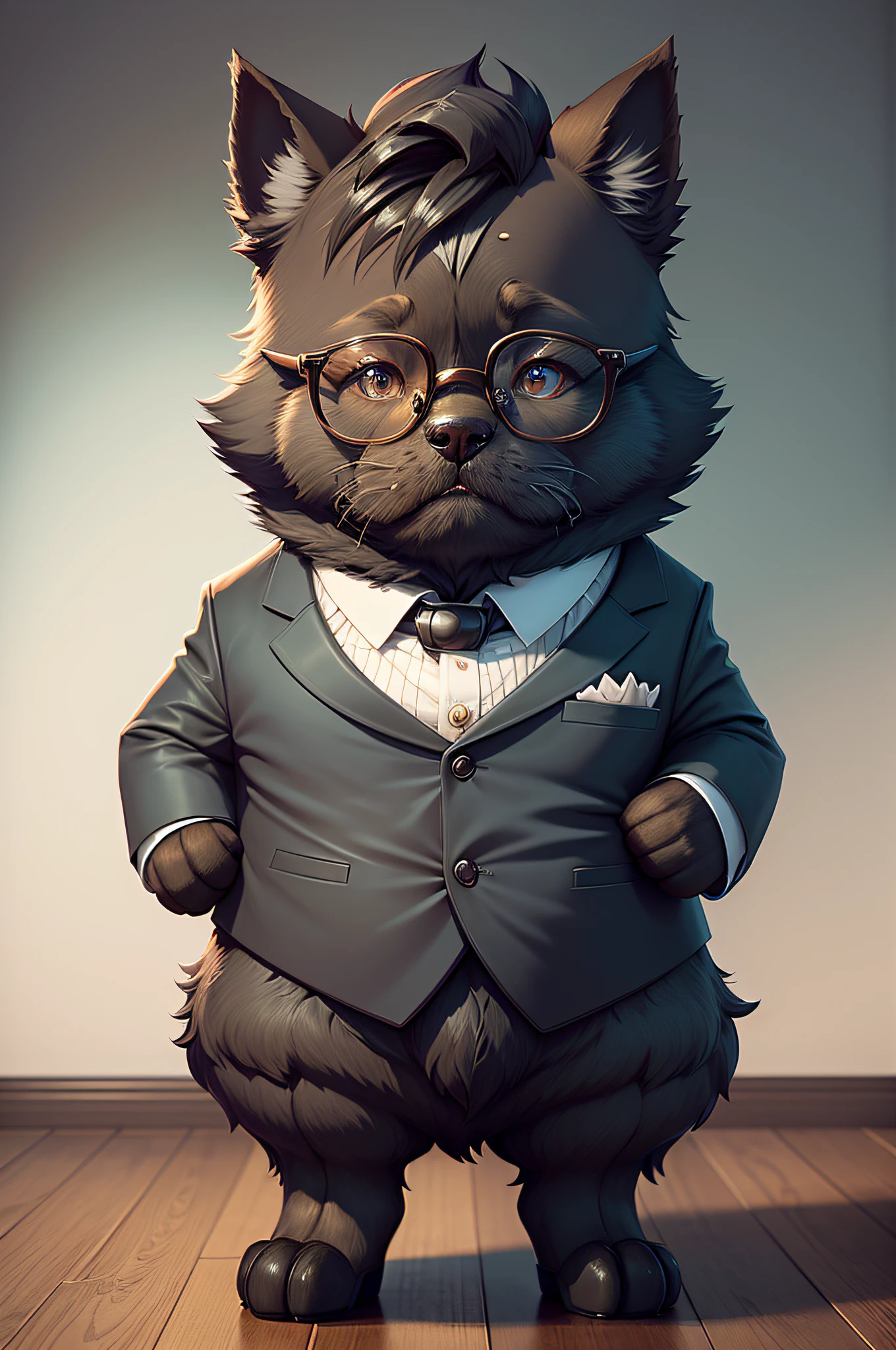 C4tt4stic, Professor cartoon scottish terrier dog teaching at the pulpit（Wearing glasses、The specifics of the appearance of the Scottish Terrier dog）、The background is the classroom