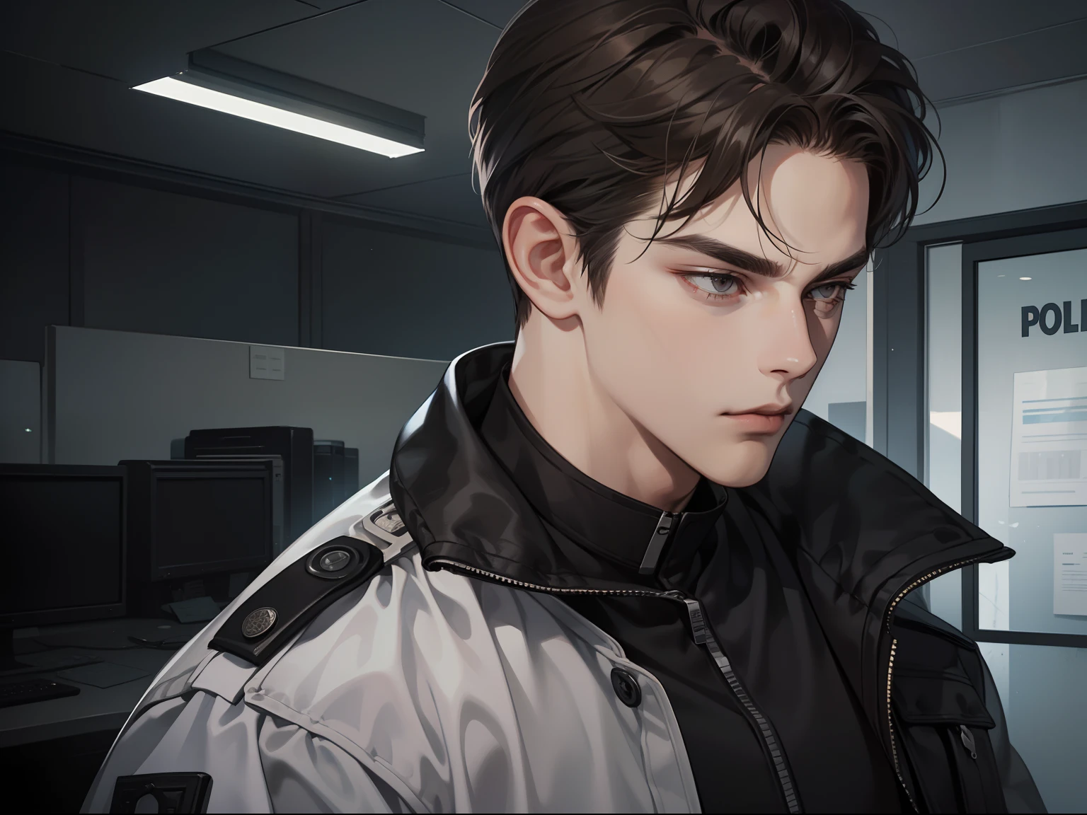 masterpiece, best quality, realistic, 1man, mature male, quiet and charming young man, 25 years old, close his eyes, serious look, extremely detailed face, ((dark grey eyes)), ((short-right-swept dark brown hair)), [thick eyebrows], ((detective)), cinematic lighting, posture dynamics, in the police station