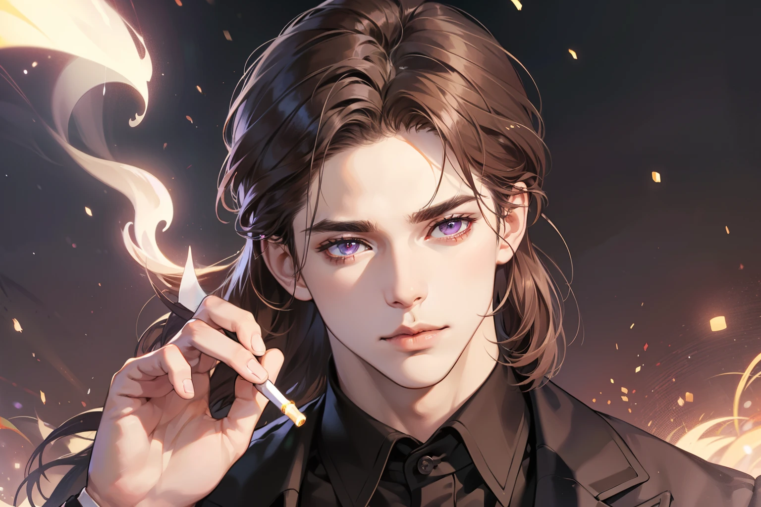 Masterpiece, Best Quality, Realistic, 1male, mature male, A quiet and charming young man, 25 years, serious look, extremely detailed face, ((dark purple eyes)), ((Long dark brown hair)), [thick eyebrows],  ((Head of MFII)), Cinematic lighting, looking at the audience, Cigarette in hand, Dark formal suit