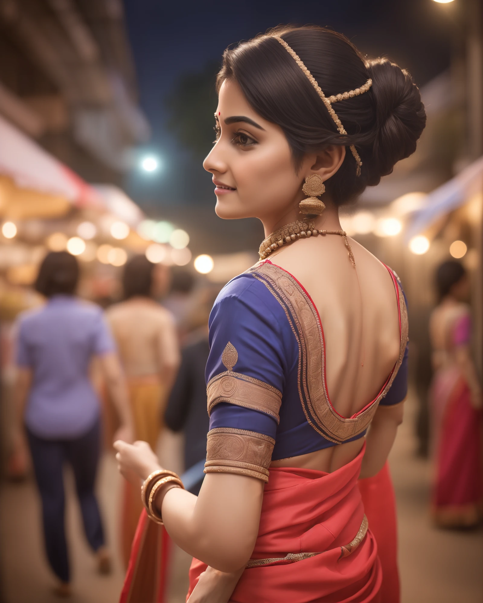 (backview:1.5),(longshot:1.5),24-28 Years Old bollywood indian female fashion mode,bob hair style,brown skin,dressed Sari,Happy expression on face,at the night market,backlight, extremely realistic, 8k, insane details, intricate details, cinematic color graded,Color Grading, Editorial Photography, Photography,sharp focus, taken with a 60mm lens, ISO 300, f/4, 1/200th