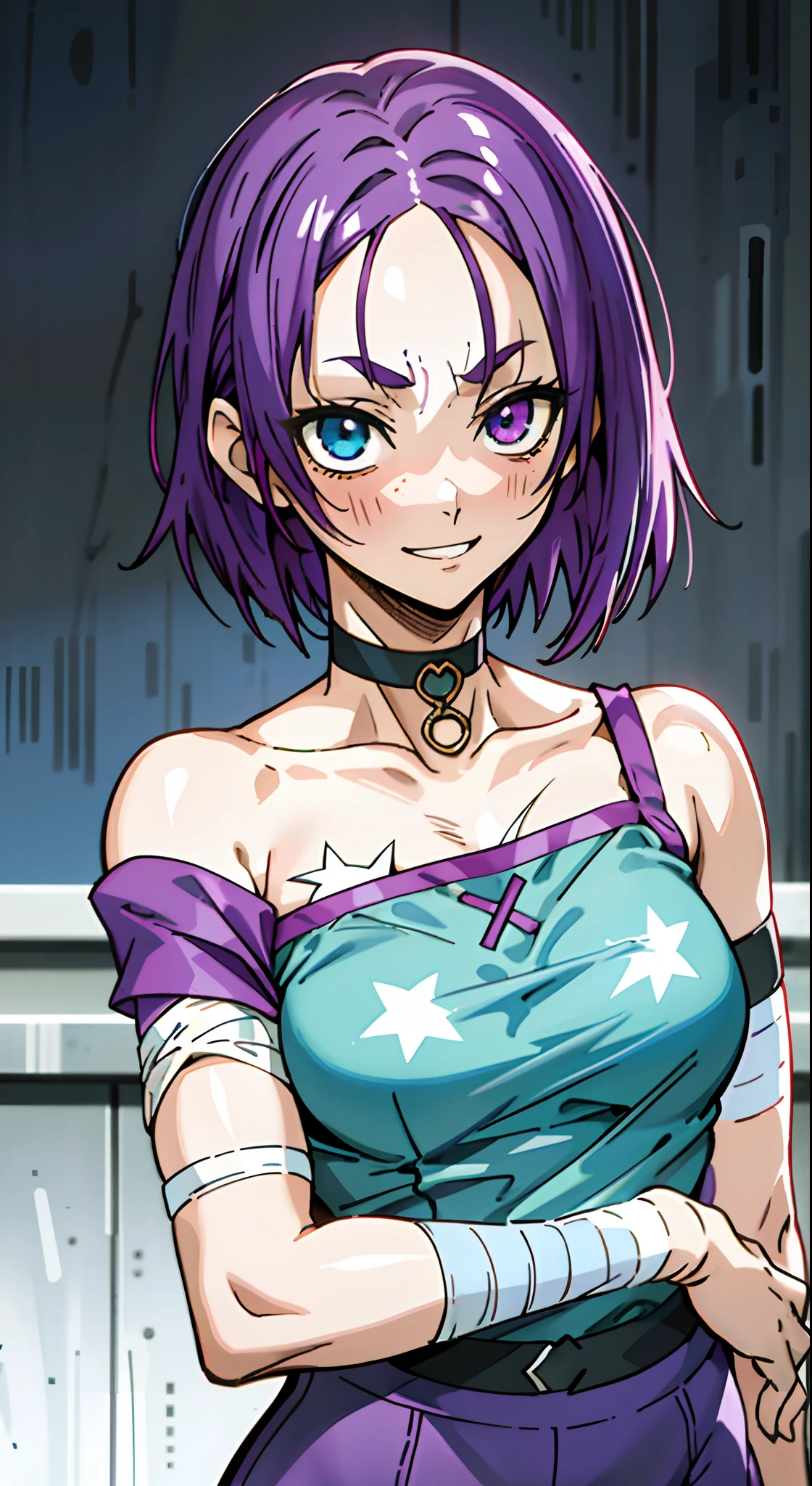 masutepiece, Best Quality, Ultra-detailed, Off-the-shoulder clothing, Colorful,Up-close, Hyper-detailing，purple color  hair, Reo Mikage, Blue Lock, no sleeves, Camisole, Blue Camisole, Cheongsam, Choker, arm warmer , bandaged, Scar, Big 1 Girl, Solo, Sharp face, Heterochromia, Green eyes, Purple eyes, Bare neck, Happy face