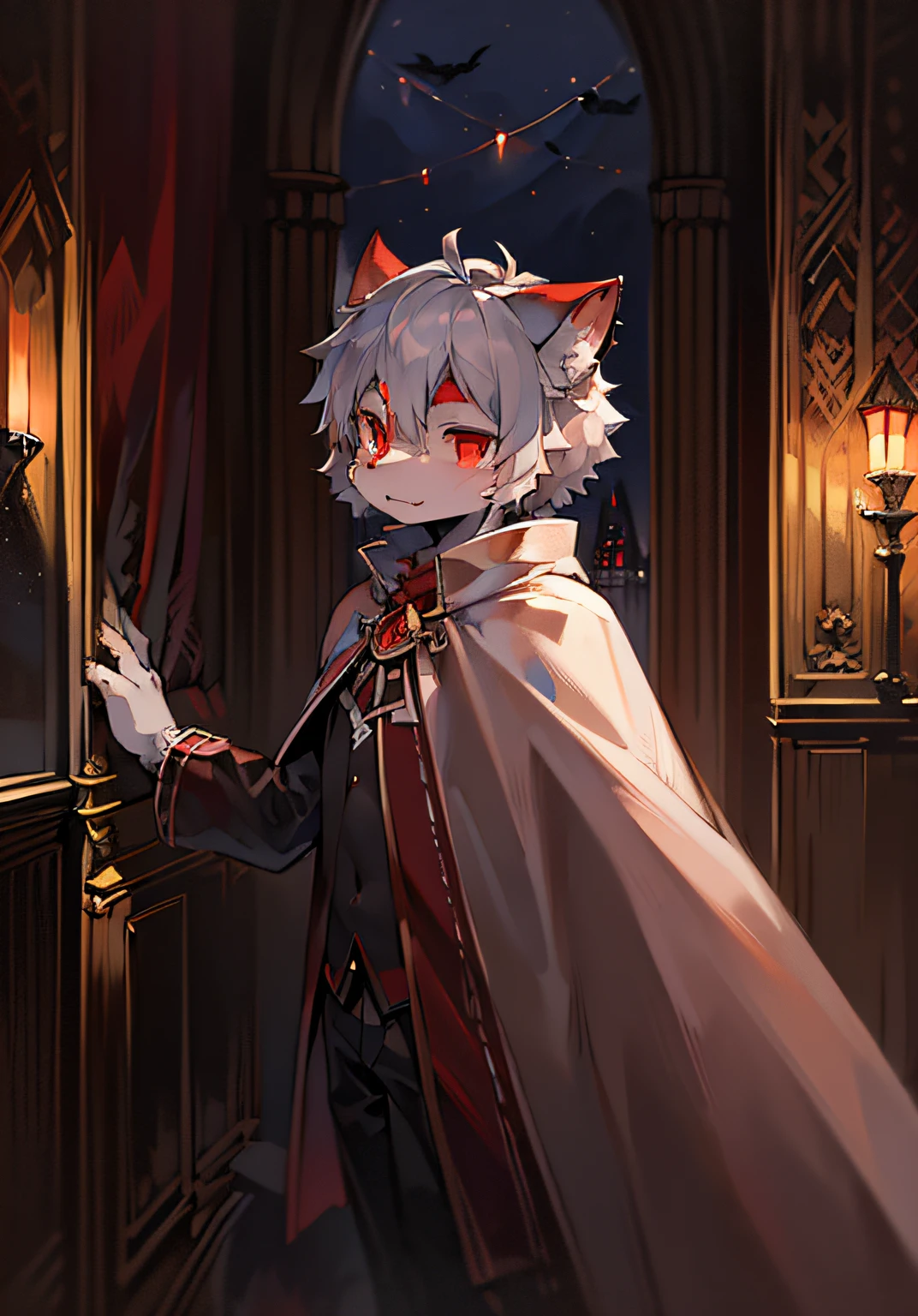 (dark environment:0.8),masterpiece, high quality, absurd res, digital painting \(artwork\), by dagasi, yupa,kiyosan,(anthro,fluffy fur,character focus:1.1),anthro male cat,short hair,portrait, bright eyes,panorama,character focus.(detailed background:0.7),solo,furry,furry male ,male focus,anthr,(Full body fur, fluffy tail, white fur,red eyes,gray hair:1.2),(long canines,vampire, cape:1.2),(interior,night, castle, coffin:1.1)