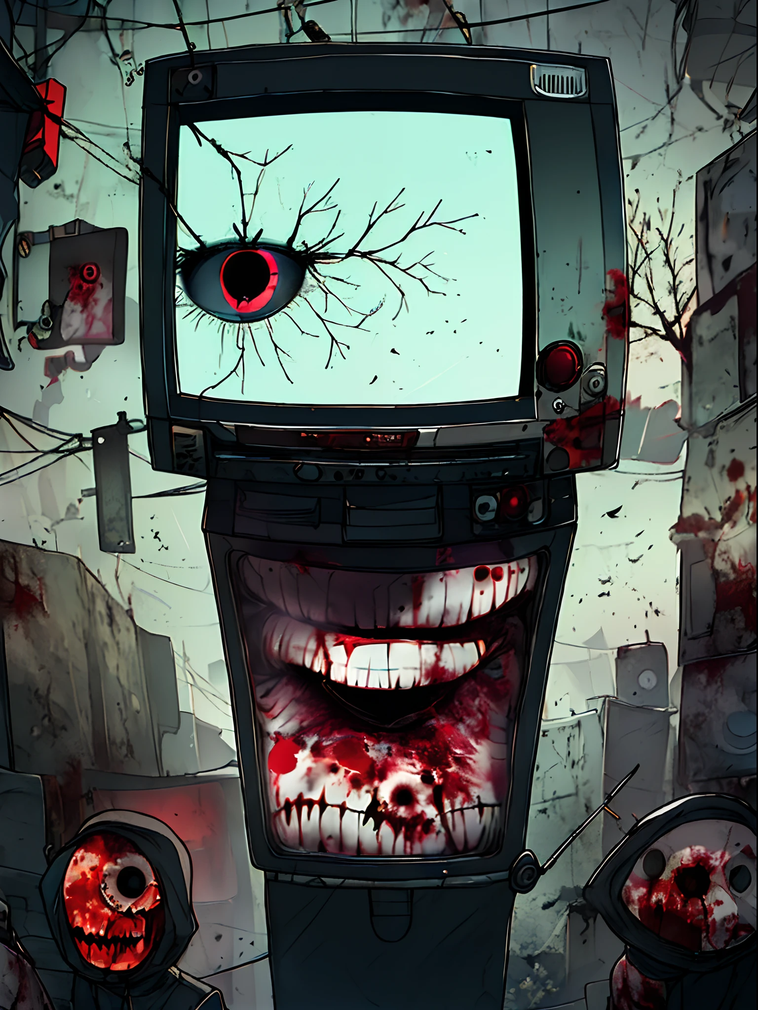 ((one-eyed tv-headed person)), zombie mouth, macabre ART, horror collage, double exposure, terryfic, brutalism, photocopy effect, portrait outline