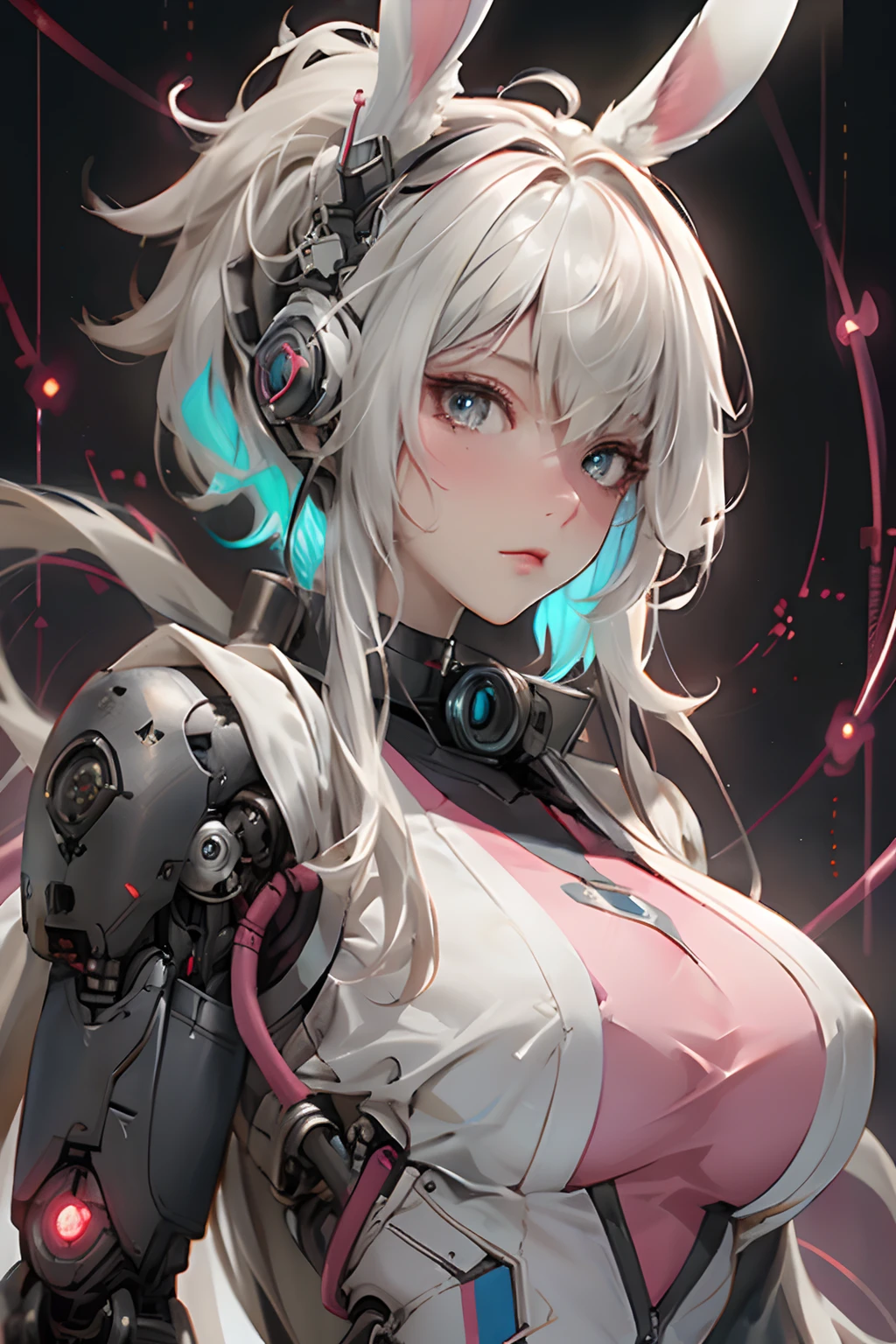 ((beste-Qualit)),Fille cyborg dans le style cyborg,cheveux gris,Coiffure longue queue de cheval,Wear headphones in the shape of rabbit ears and a gas mask,The gas mask has a green light on the surface,dressed in a white suit,There are long strips of pink light on clothes,yeux roses,(Gant noir)gros seins, generous breast, The left hand is a mechanical prosthesis,The main body is connected by wires and pipes, ((tmasterpiece)), (The detail:1.4), 3d, A beautiful cyberpunk female image,Hdr(HighDynamicRange),Ray Tracing,NVIDIA RTX,Super-Resolution,Unreal 5,Diffusion souterraine、PBR Texture、Post-traitement、Anisotropy filtering、profondeur de champs、Maximum definition and sharpness、Textures multicanaux、Albedo e mapas Speculares、Coloration de surface、precise simulation of light-material interactions、Proportions parfaites、Rendu octane、two-color light、Grande ouverture、ISO faible、Balance des blancs、the rule of thirds、8K RAW、
