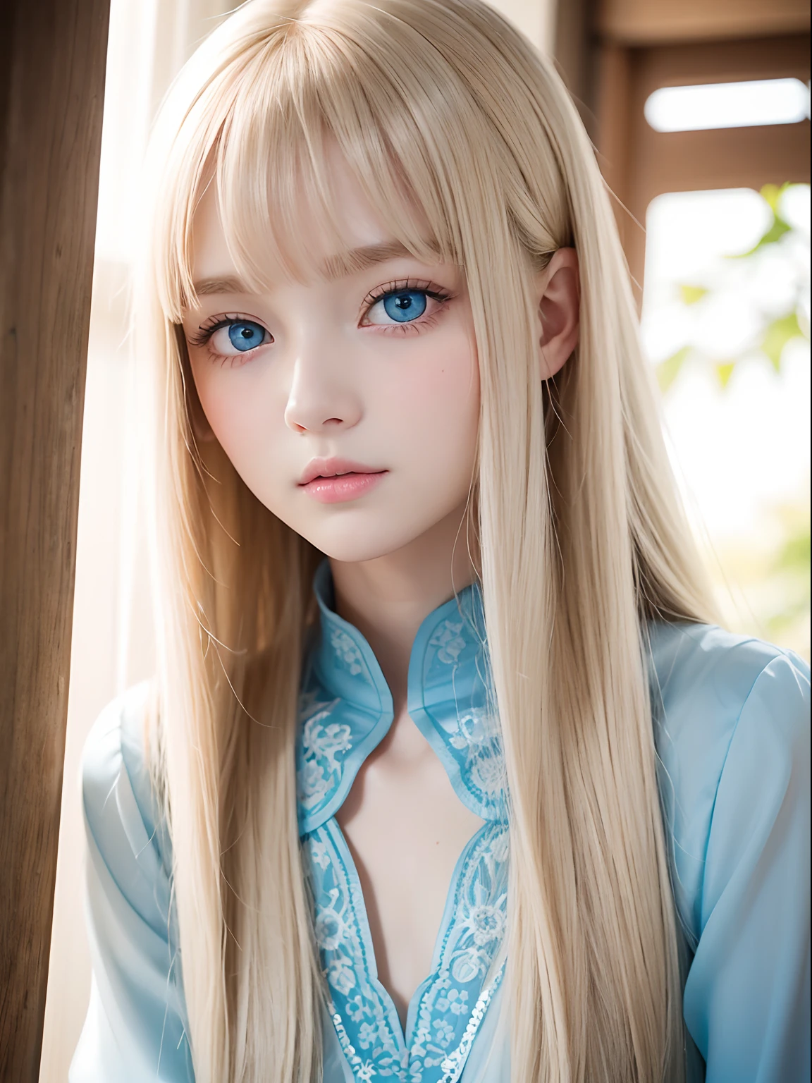 Extremely beautiful face、long bangs fluttering in front of the face、Beautiful pale light blue eyes hidden in the hair、Very cute beautiful face with very shiny skin、Pure white beautiful skin、very beautiful pale light blue eyes,、Beautiful very long straight silky pale golden shiny blonde hair、Cute very beautiful woman、Round face、Young face