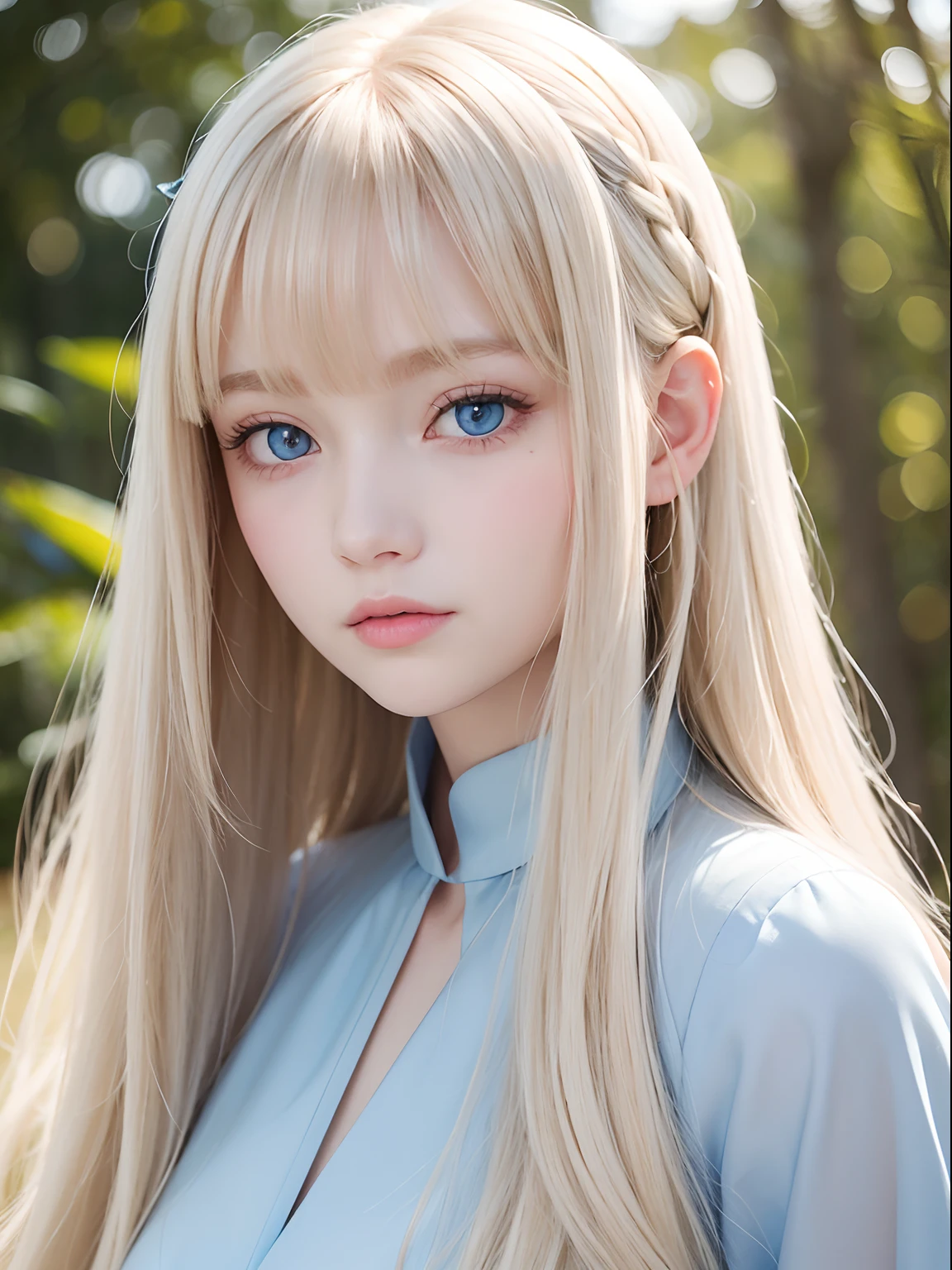 Extremely beautiful face、long bangs fluttering in front of the face、Beautiful pale light blue eyes hidden in the hair、Very cute beautiful face with very shiny skin、Pure white beautiful skin、very beautiful pale light blue eyes,、Beautiful very long straight silky pale golden shiny blonde hair、Cute very beautiful woman、Round face、Young face