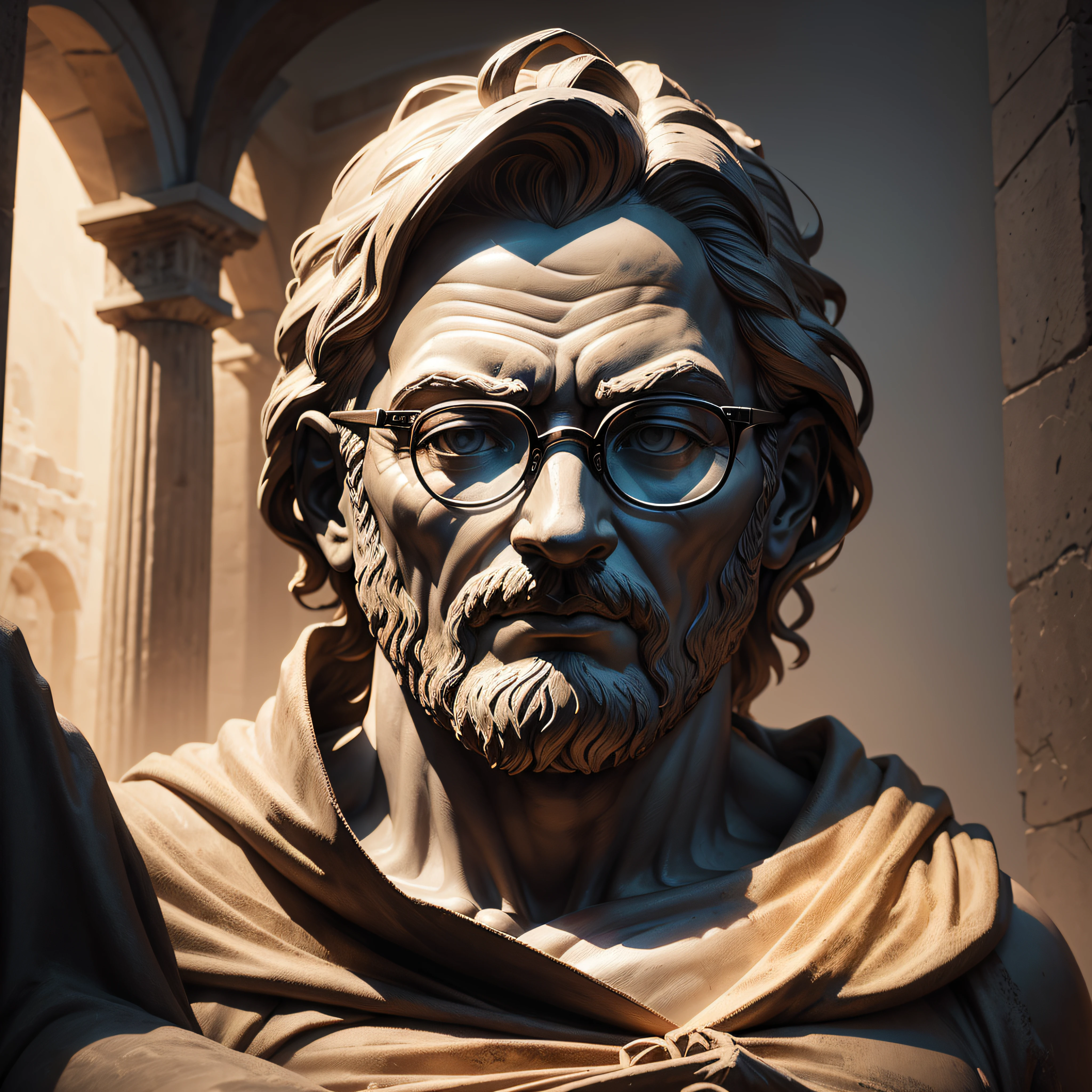 Create an inspiring 8K image depicting a 3rd century BC Greek philosopher, immortalized as a statue. Set the scene in a dark and mysterious environment, with the figure wearing glasses, but enigmatically lit by epic lights and shadows. The resulting image should exude the aura of deep contemplation and wisdom.