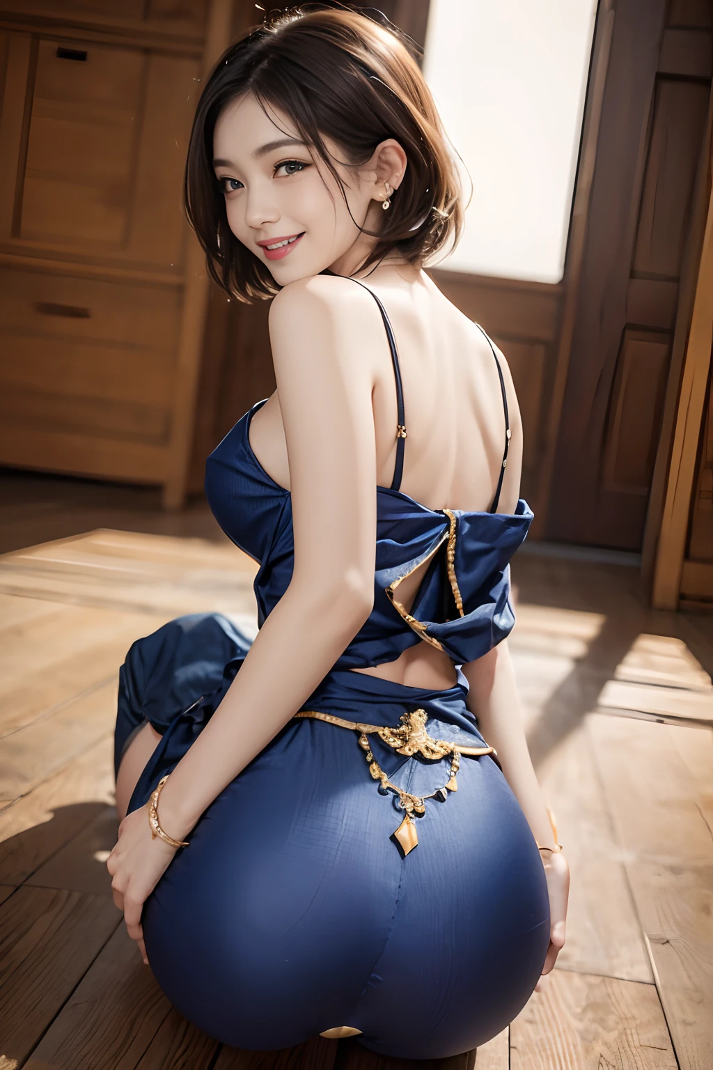(((Stick your butt out on all fours with your hands on the floor,:1.3)))、turned around、Smile full of happiness、((Looks happy:1.3))、、Panting face、Lacking、Sweating、Expression in a state of excitement、short-hair、eye glass、Photorealistic,High resolution,Soft light,1womanl,hips up high, Large breasts, Blue eyes, Expensive jewelry, Elegant and sexy fabric small indigo and gold traditional costume,