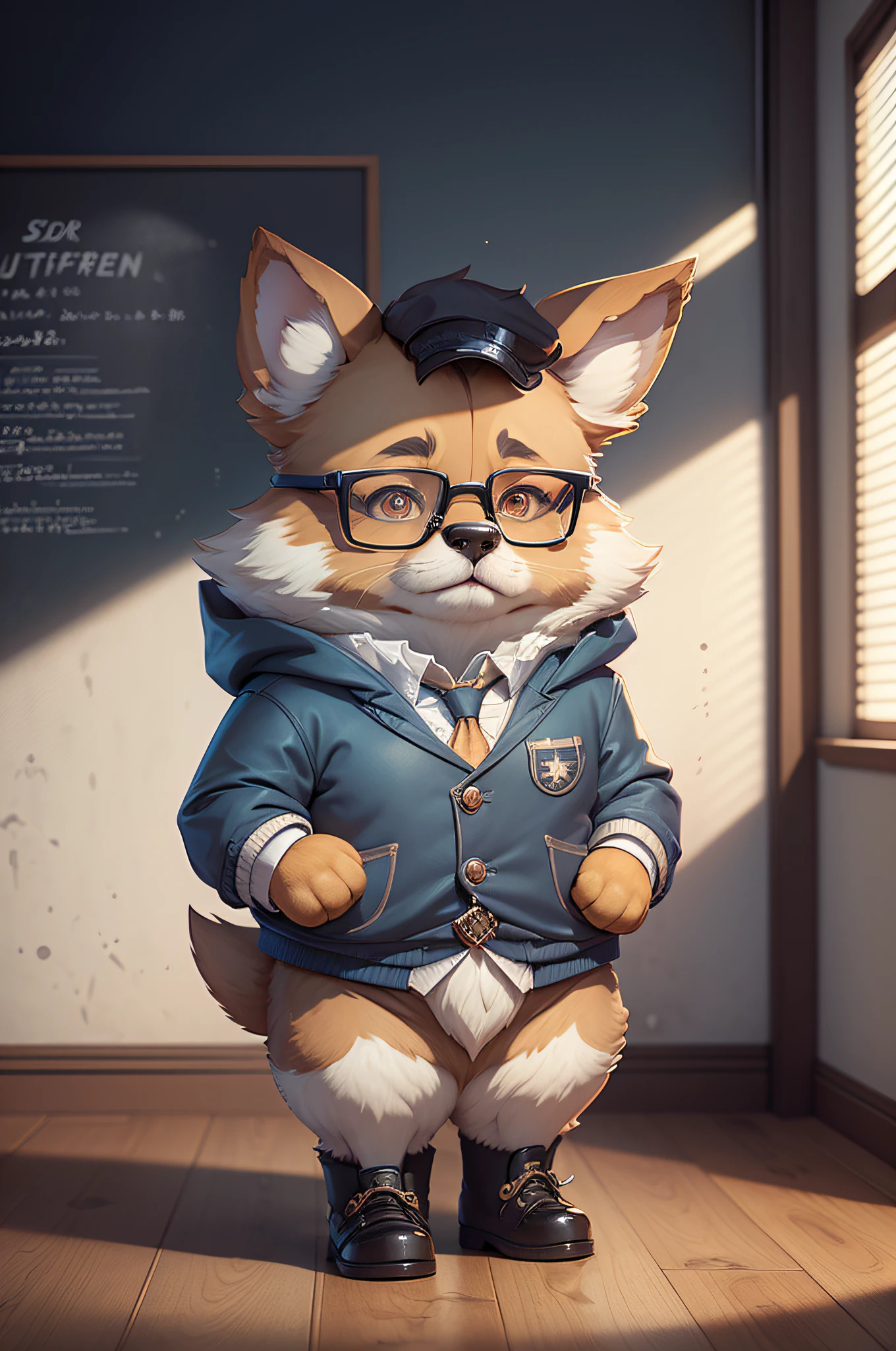 C4tt4stic, Professor cartoon shepherd dog teaching at the pulpit(Wearing glasses、The specifics of the appearance of the shepherd dog)、The background is the classroom