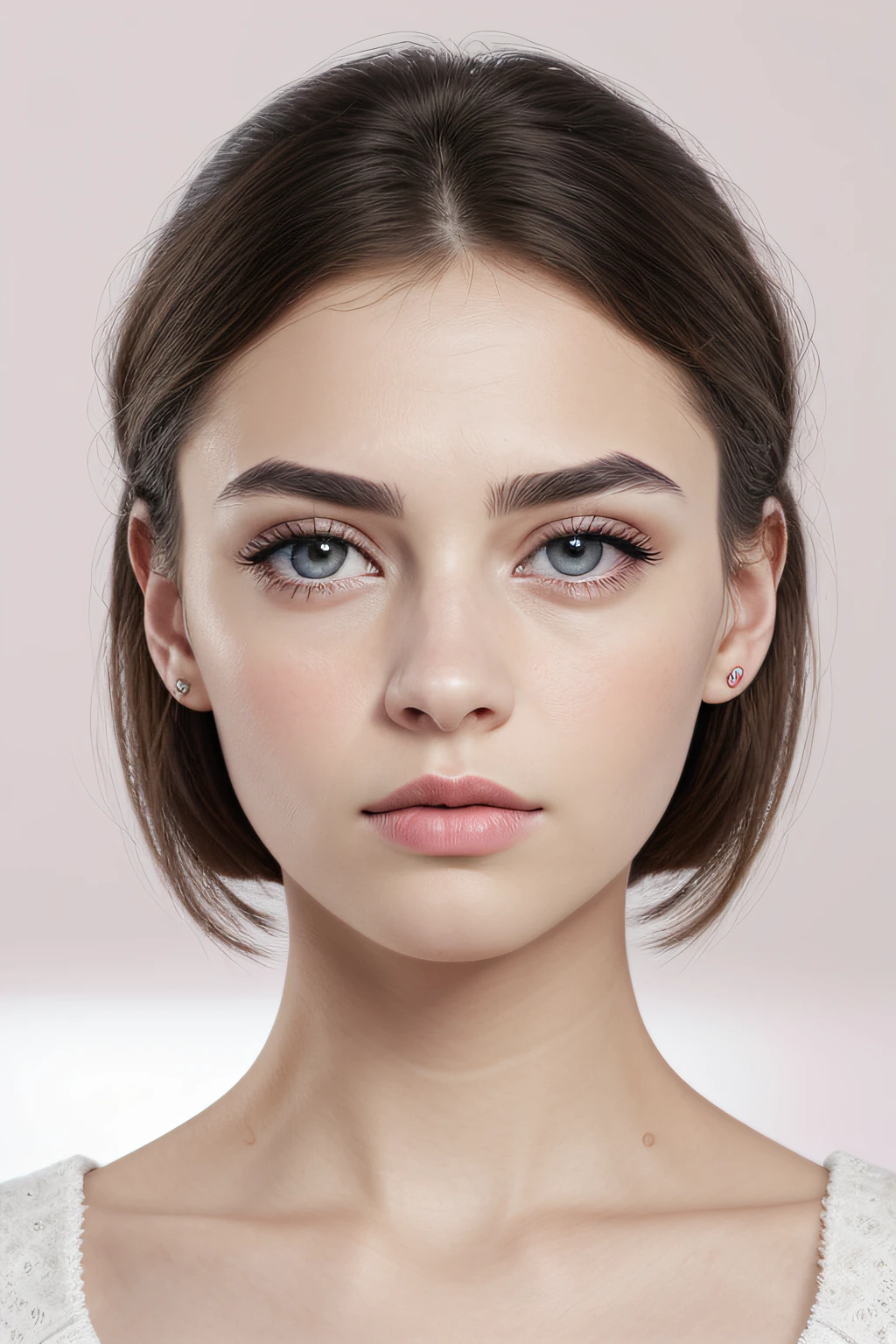 [sony premium camera, 8k, full High resolution, front-facing photo], a beautiful girl, cite girl, with oval face and symmetrical face structure, big eyes, hazal eye color, almond shape eyes, straight and balanced nose, soft wavy brown hair heart-shaped lips, perfect eyebrows, perfect ears, light pale soft skin, pale white skin, slightly lifted chin with neutral expression and closed mouth, pink natural lips, neutral expressions, plain background, bright light