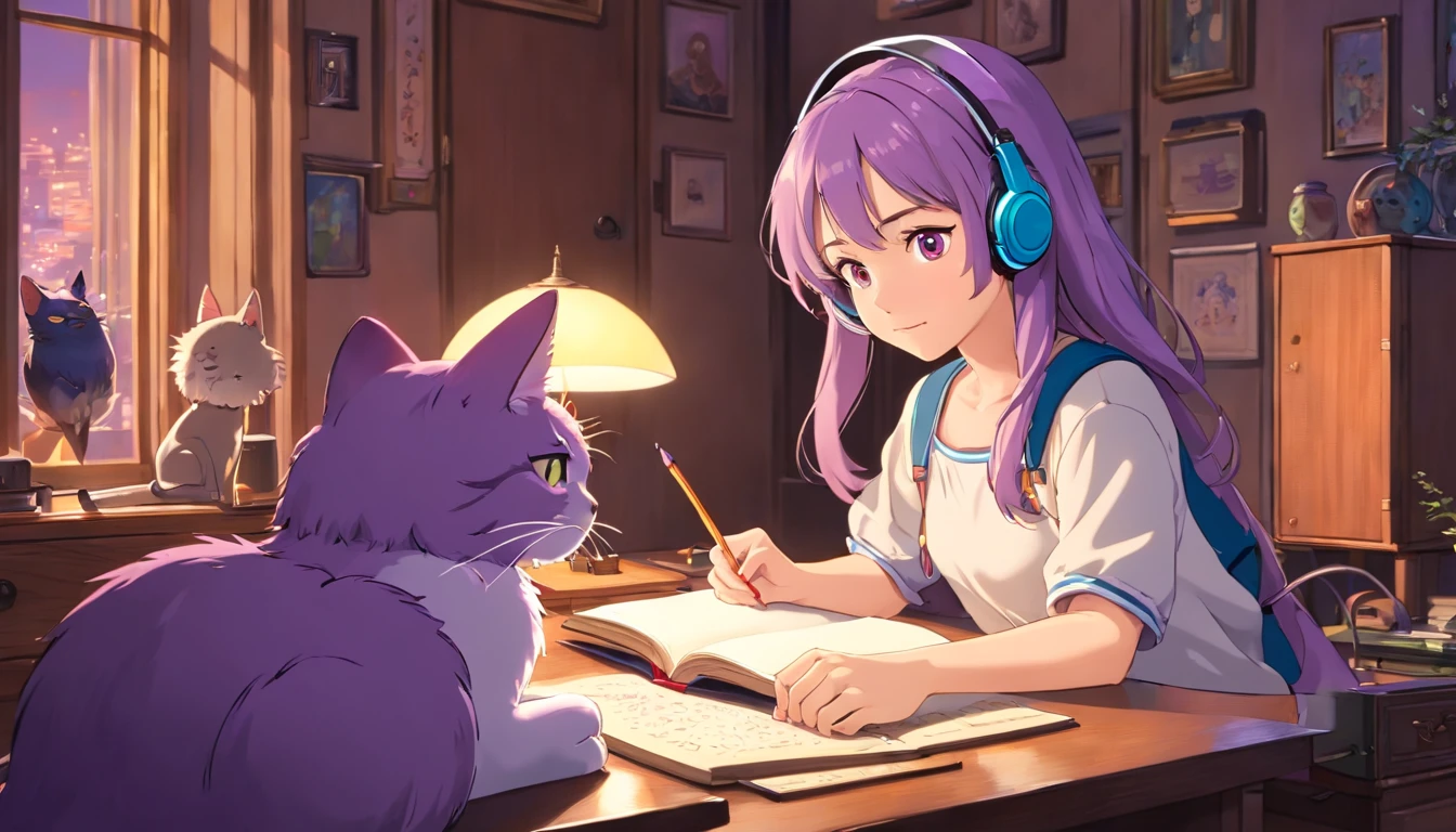 (best quality,4k,8k,highres,masterpiece:1.2),ultra-detailed,(realistic,photorealistic,photo-realistic:1.37),beautiful girl studying in her bedroom,portrait,headphones,lofi, purple lightings, cats beside her