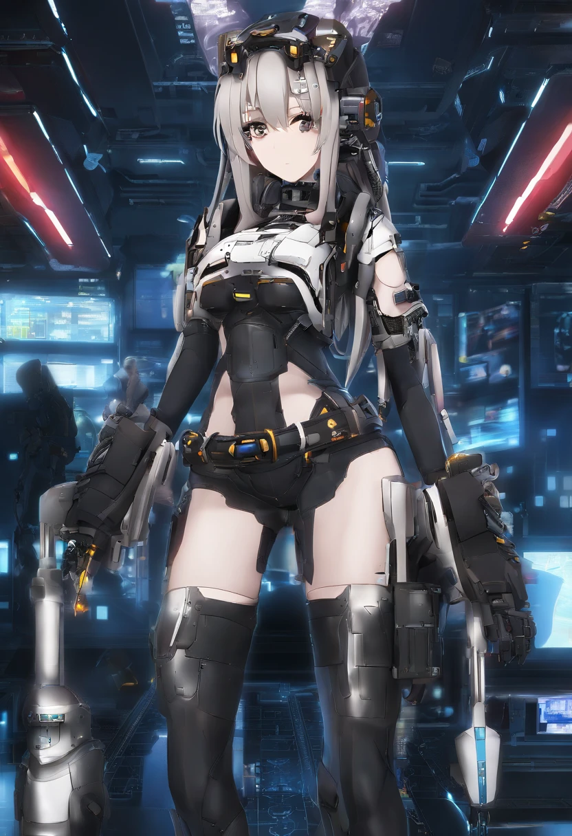 Absurd, very precise details, highly detailed 8K wallpaper, (transcendental beauty gril: 1.5), break, machine leotard, machine limbs, machine ears, joints covered with mesh material, headgear, huge cool chainsaw in hand, huge and cool weapon machine, mecha, mechanism, machine, open stance,
