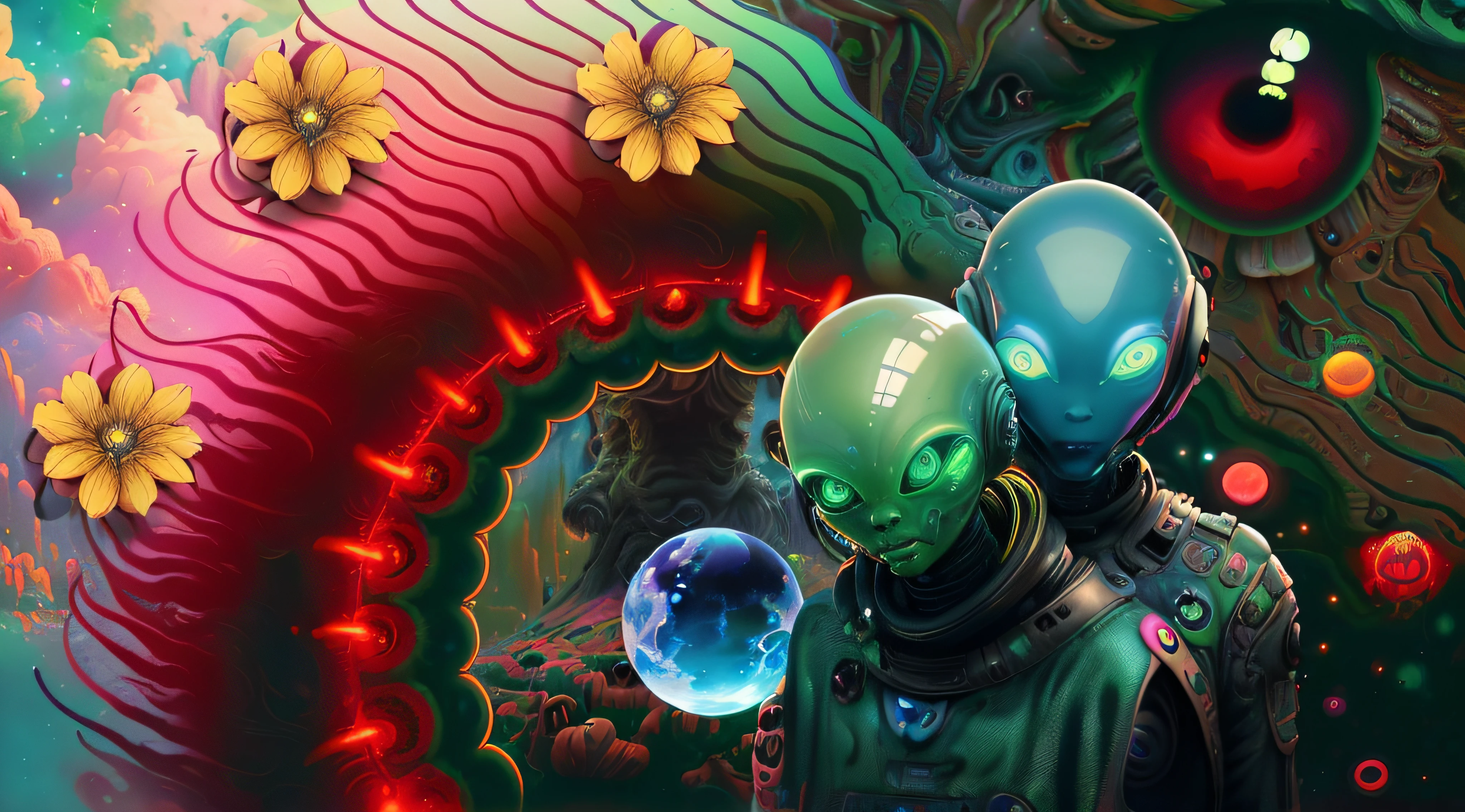 there are two aliens standing next to each other with a ball, extraterrestrial paradise, in an colorful alien planet, psychedelic cosmic horror, sci-fi digital art illustration, science fiction digital art, on a lush fertile alien planet, galactic dmt entity, alien room background, 4k solarpunk wallpaper, psytrance artwork, scifi art, sci-fi digital art