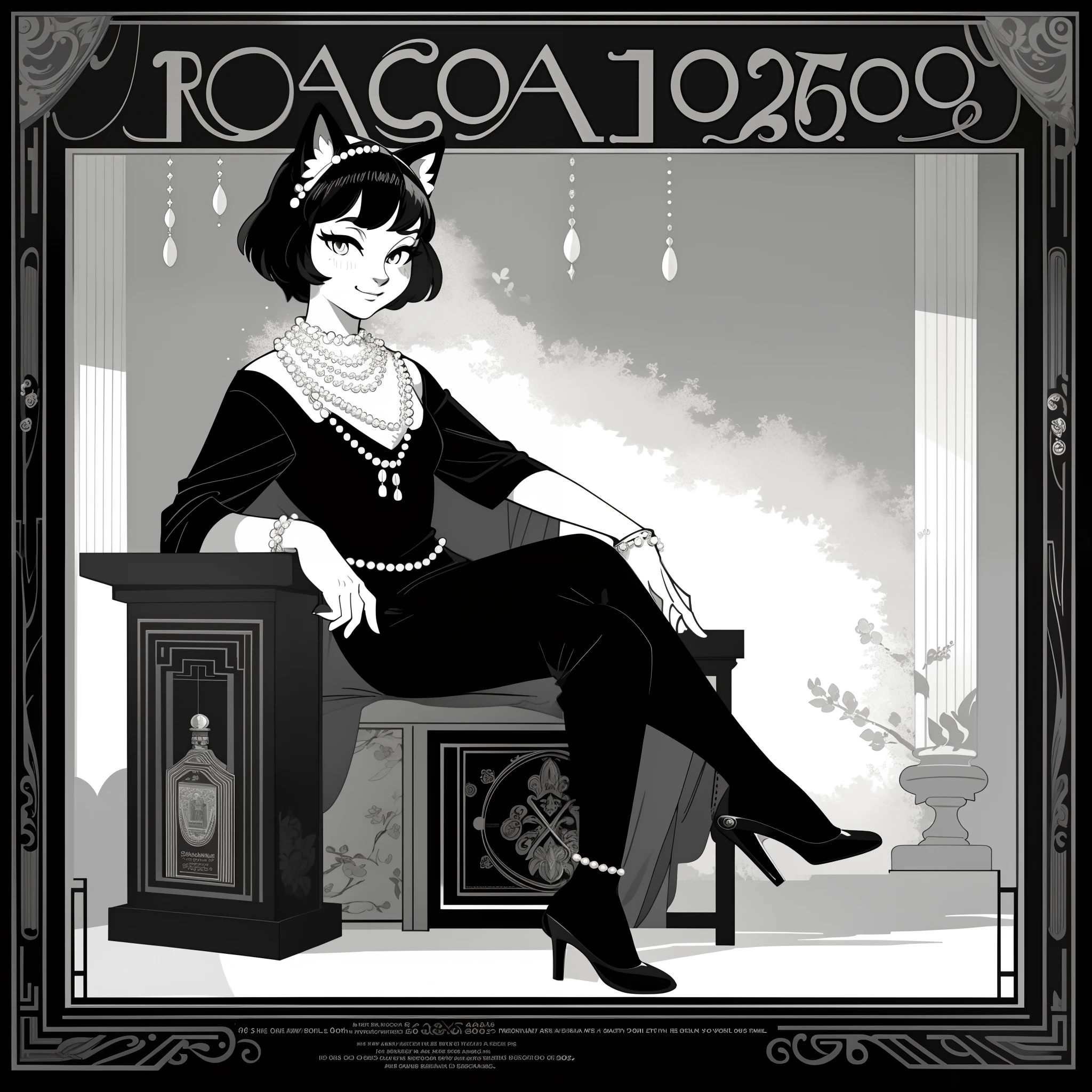 vector art, monochrome, black and white, arafed black cat sitting on a pedestal with a pearl necklace, elegant cat, 1920s advert, 1960s advertisement, luxury advertisement, magazine advertisement, 1960s perfume bottle ads,