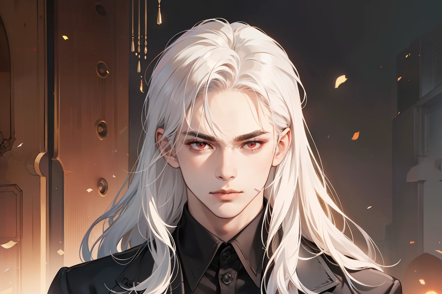 Masterpiece, Best Quality, Realistic, 1male, mature male, A quiet and charming young man, 25 years, serious look, extremely detailed face, ((dark red eyes)), ((Long white hair)), [thick eyebrows],  ((The head of the mafia)), Cinematic lighting, looking at the audience, Cigarette in hand, Dark formal suit