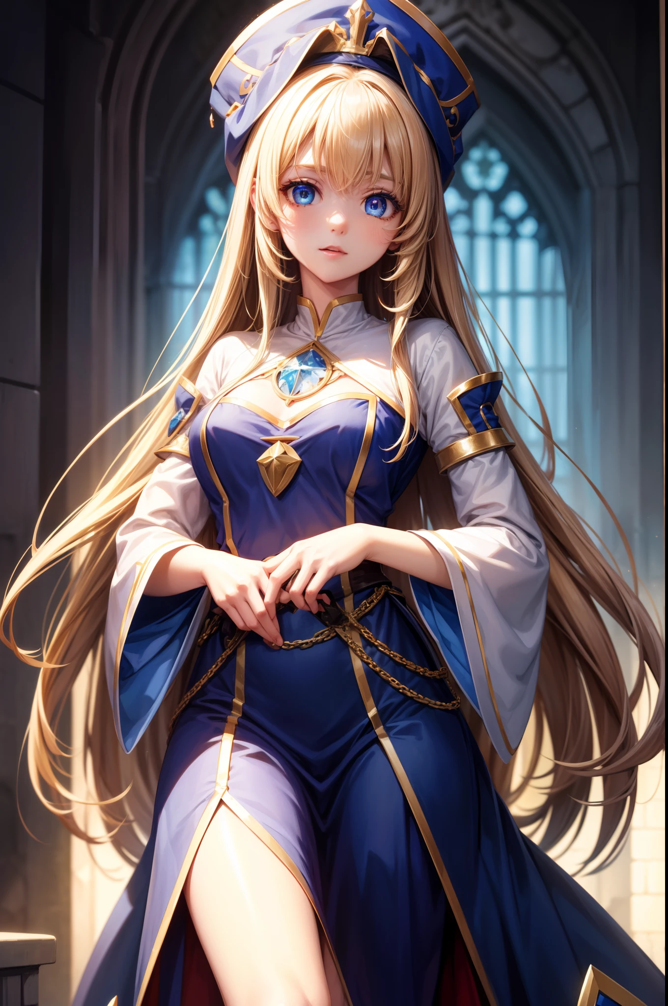 white backgrounid、Intricately detailed,[3D images:1.35] priestess, blondehair, Blue eyes、Kawaii Girl, full-body view、Realistic portrayal, (Best Quality,8ＫImagen,High resolution:1.2), Long hair, hat,, BREAK looking at viewer,Blake City,Blue and white robe(Queen Watts on the right、Bring the sacred staff to the fore)、 (masutepiece:1.2), Best Quality, hight resolution, Unity 8k壁纸, (Illustration:0.8), (Beautiful detailed eyes:1.6), extra detailed face, Perfect Lighting, extremely details CG, (Perfect hands, Perfect Anatomy),extremely details CG、perfect detailed、very delicate light、Fine and detailed eyes and detailed face Beautiful detailed eyes、(Detailed body)、A detailed face、(colourfull)、beautiful detailed hair、see here,[3D images:1.35] priestess, blondehair, Blue eyes、、Chain mail on the body、Kawaii Girl, full-body view、Realistic portrayal, (Best Quality,8ＫImagen,High resolution:1.2), Long hair, hat,, BREAK looking at viewer,Blake City,Blue and white robe(Queen Watts on the right、Bring the sacred staff to the fore)、 (masutepiece:1.2), Best Quality, hight resolution, Unity 8k壁纸, (Illustration:0.8), (Beautiful detailed eyes:1.6), extra detailed face, Perfect Lighting, extremely details CG, (Perfect hands, Perfect Anatomy),extremely details CG、perfect detailed、very delicate light、Fine and detailed eyes and detailed face Beautiful detailed eyes、(Detailed body)、A detailed face、(colourfull)、beautiful detailed hair、a black skirt