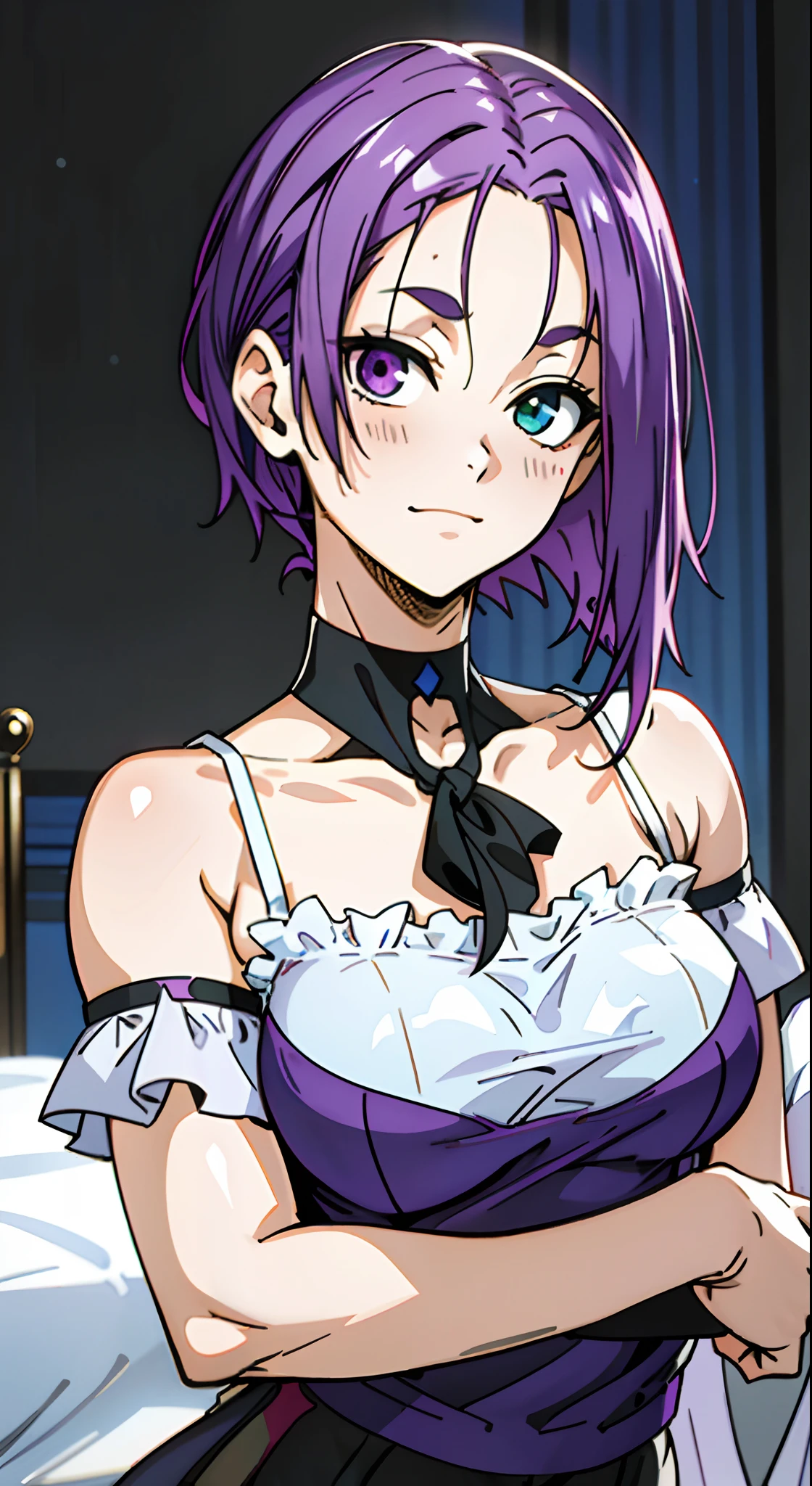 Masterpiece, Best quality, Ultra-detailed, Off-the-shoulder attire, Colorful,take up close, Hyper-detailing，purple color hair, reo mikage, bluelock, no sleeves, camisole, blue camisole, cheongsam, frilly camisole, underwear, choker, arm covers, sexy breasts, scar, big breasts, 1girl, Solo, sharpy face, heterochromia, green eyes, purple eyes, Bare neck, happiness face